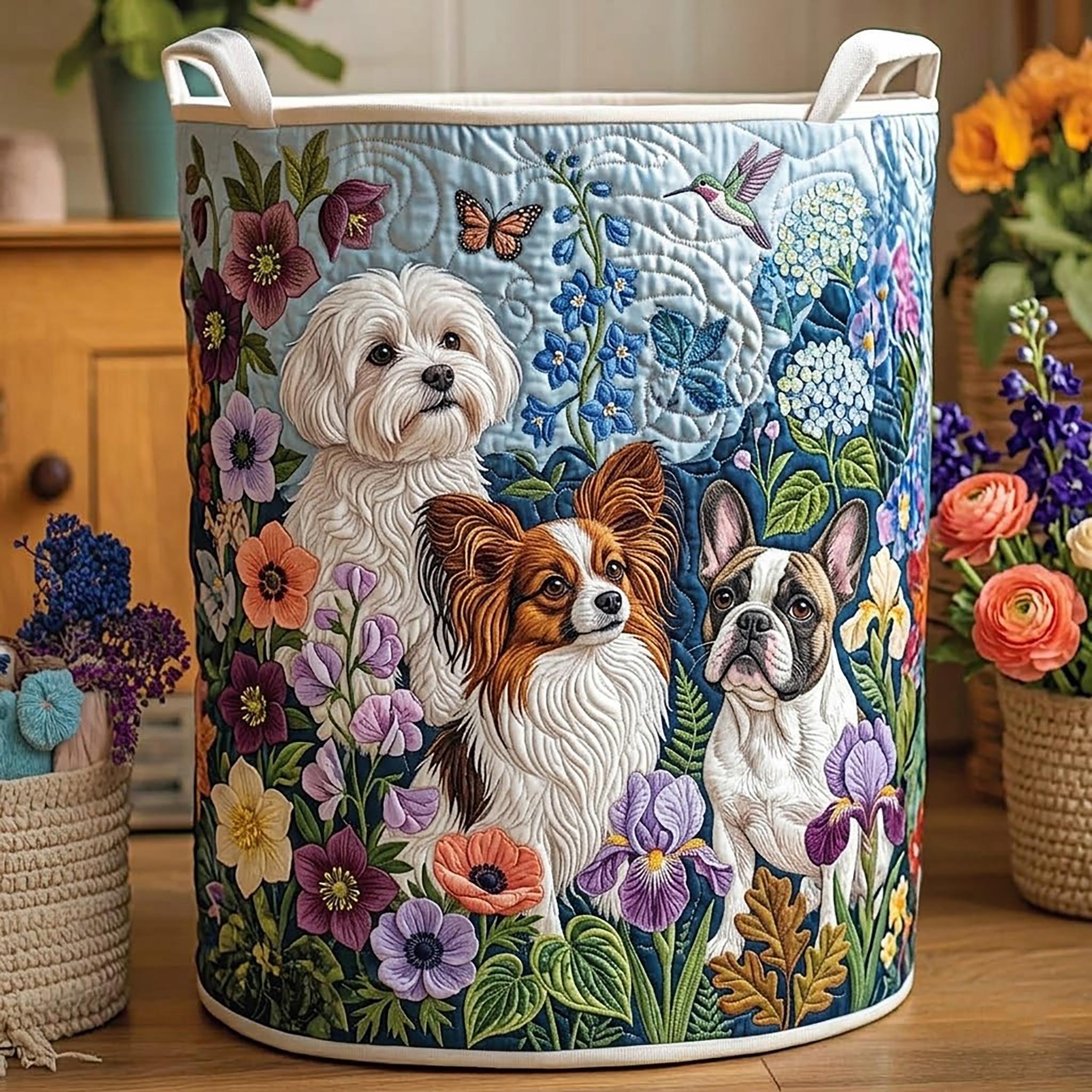 Garden Dogs Quilted Laundry Basket_ Floral Puppy Storage Bin, Best Gift for Grandma