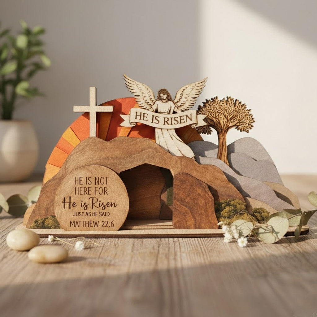 He is Risen Empty Tomb Wooden Sign, Resurrection Scene Easter Decor, Christian Home Display, Religious Bible Verse Gift