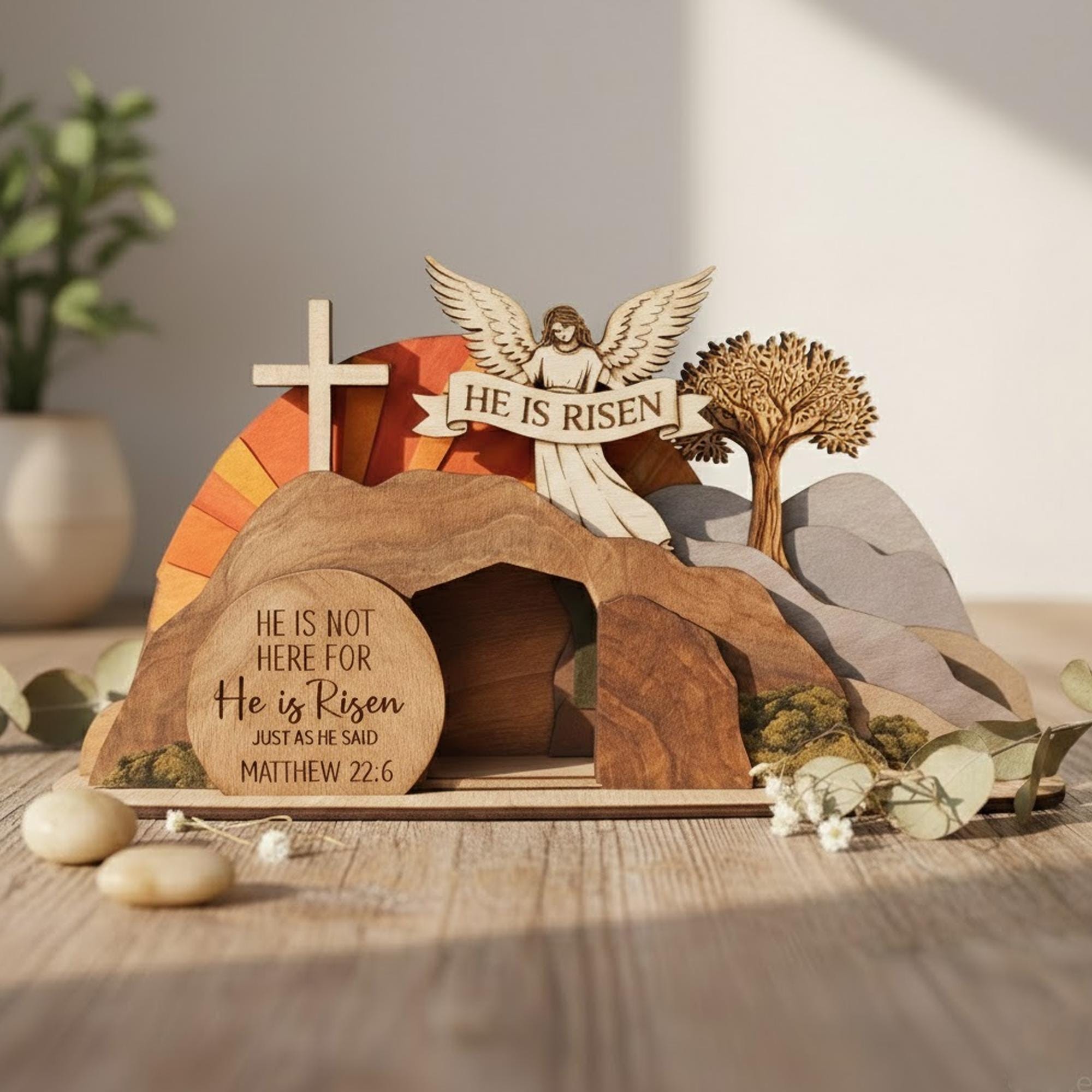 He is Risen Empty Tomb Wooden Sign, Resurrection Scene Easter Decor, Christian Home Display, Religious Bible Verse Gift