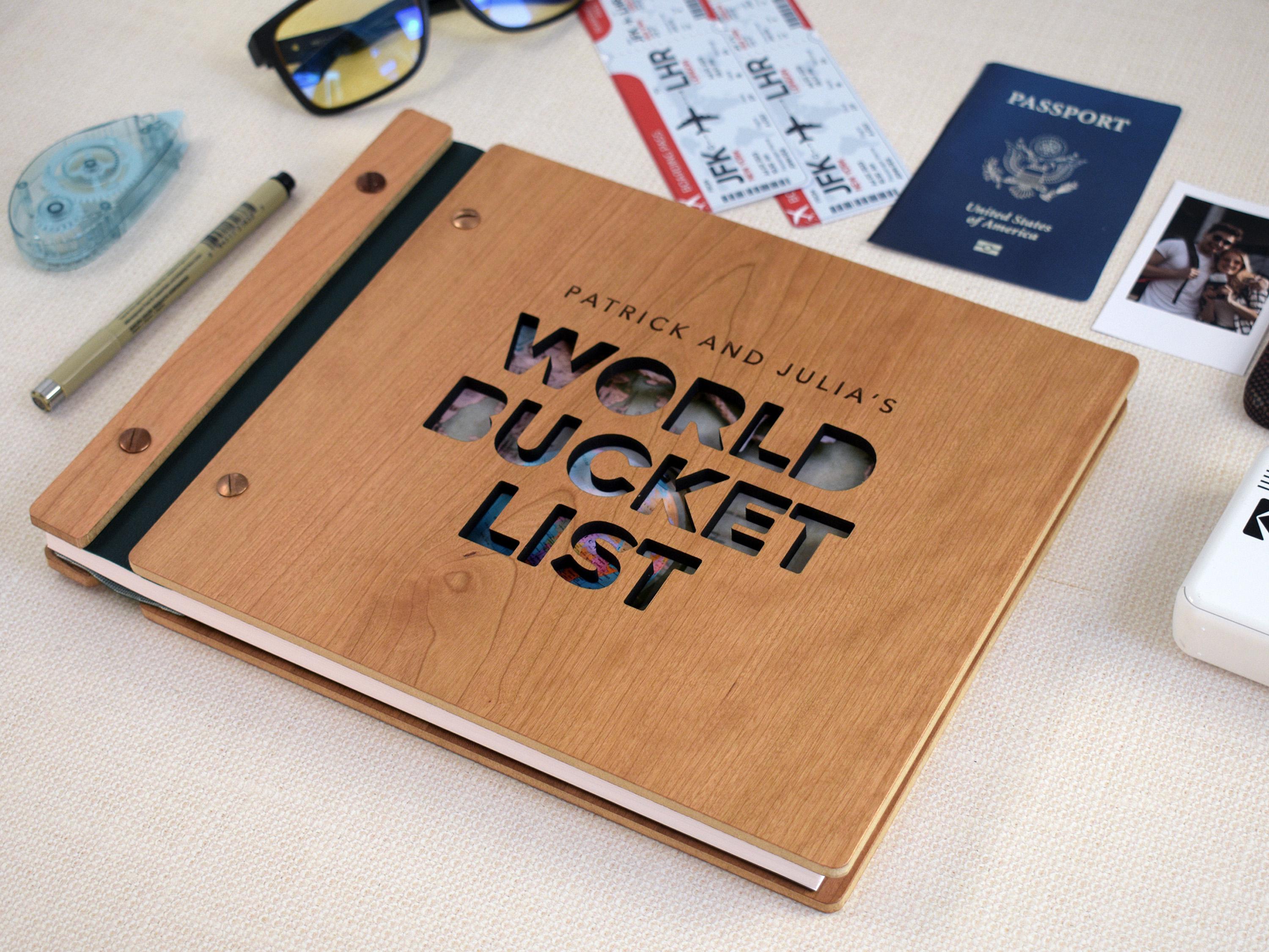 World Bucket List Adventure Book, Personalized Travel Scrapbook, Unique Valentines Gift, Couple Anniversary Gift for Her or Him
