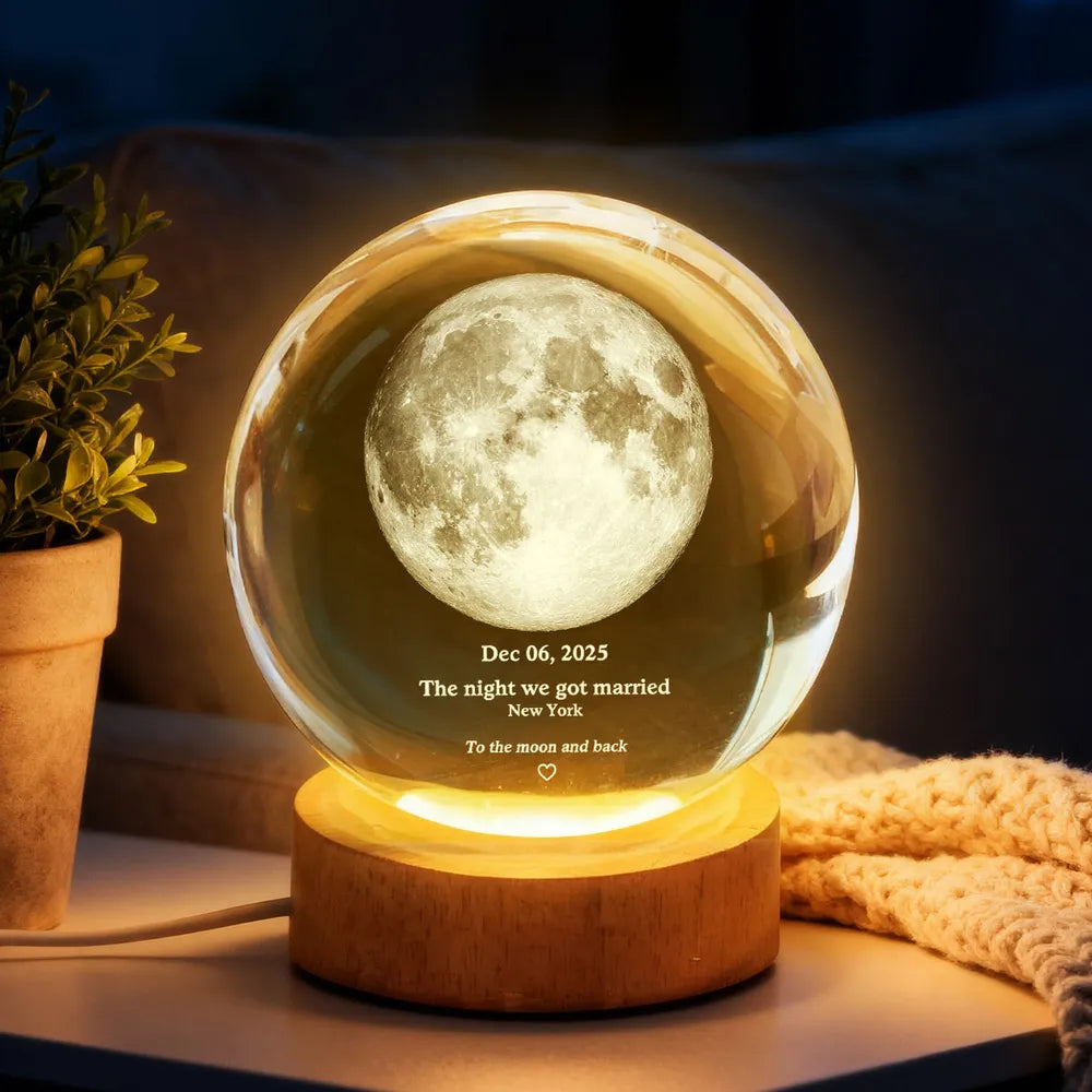 Couple Love to the Moon and Back Moon Phase by Date - Personalized Cry, Personalized Crystal Ball LED Night Light, Valentine's Day Gift For Couple, Husband, Boyfriend, Wife