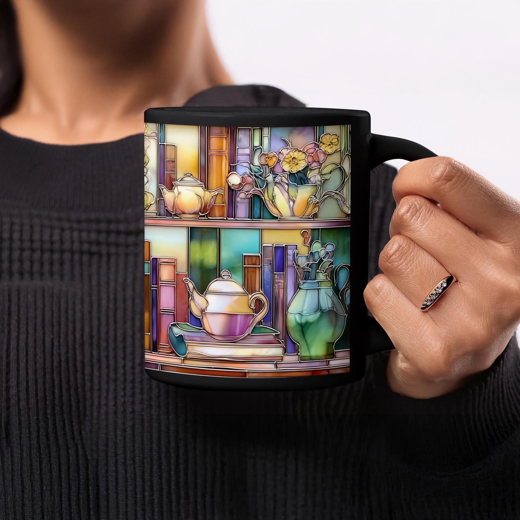Floral Bookshelf Mug, Faux Stained Glass Effect, Unique Tea Lover Gift, Book Lover Gift, Unique Coffee Mug, Decorative Mug, Premium Ceramic Mug – Everyday Use & Gift Idea