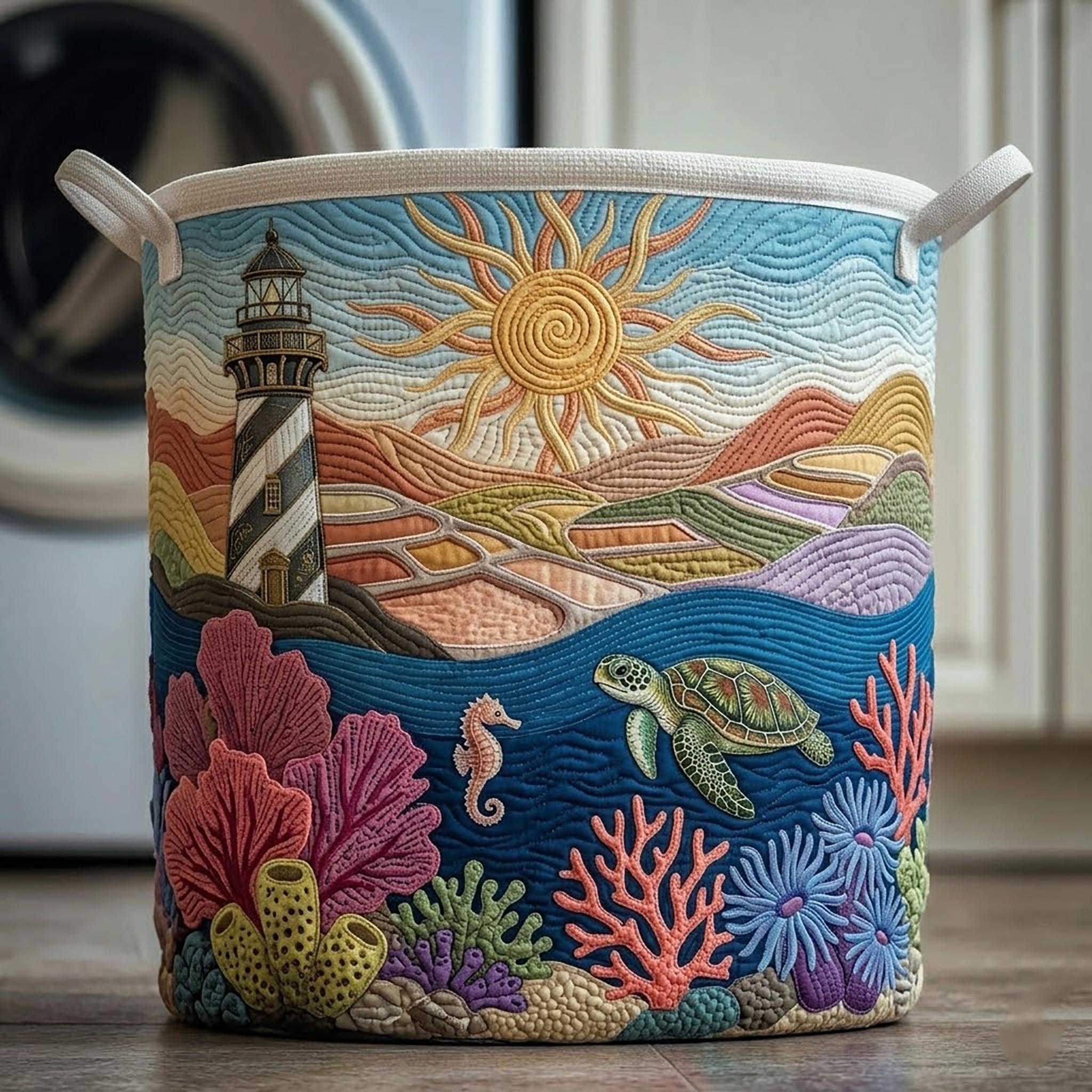 Coastal Lighthouse Quilted Laundry Basket, Ocean Vibe Foldable Family Hamper, Nautical Storage Bin, Beach House Decor