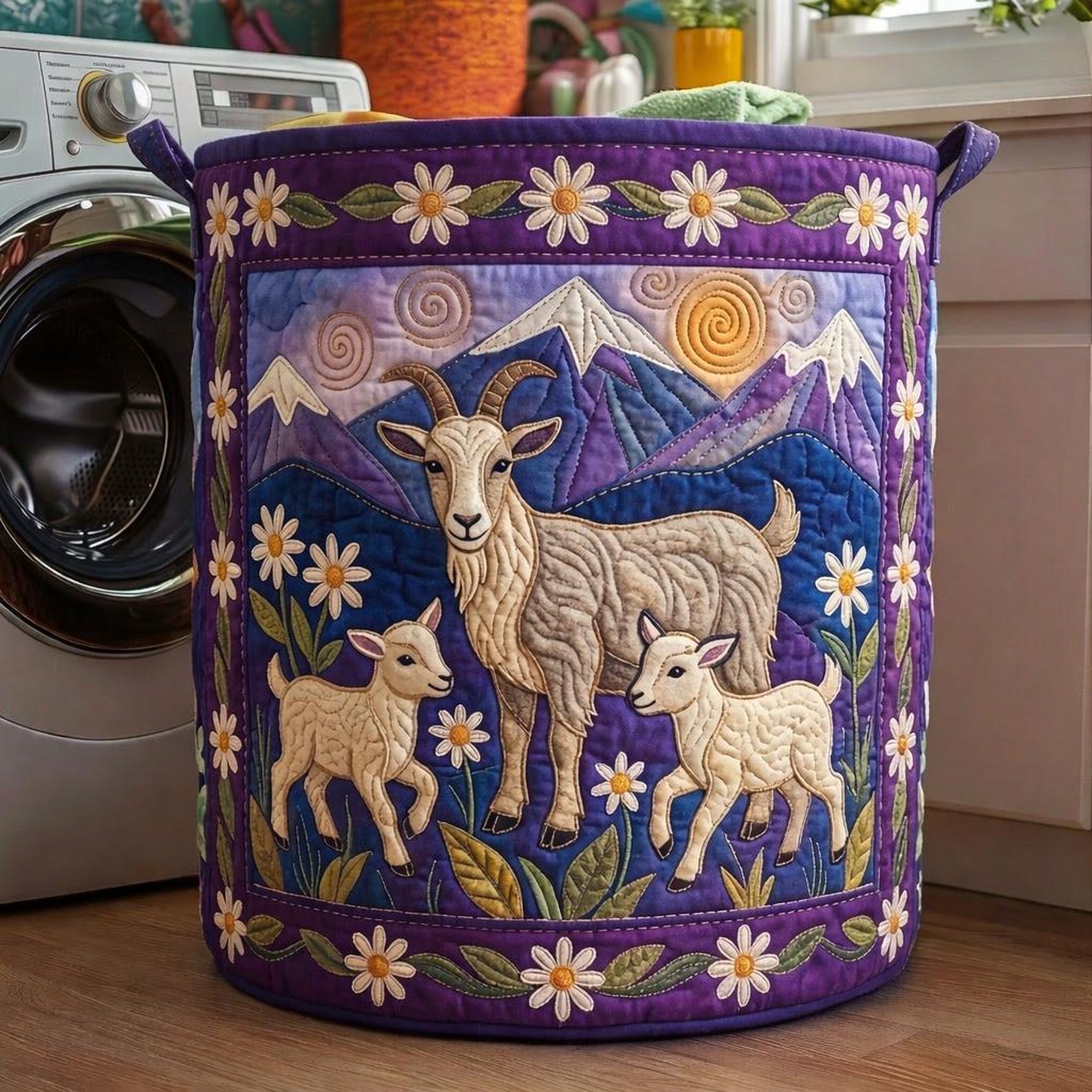 Farmhouse Goat Quilted Laundry Basket, Round Fabric Clothes Hamper, Decorative Storage Bin for Bedroom Nursery Laundry Room