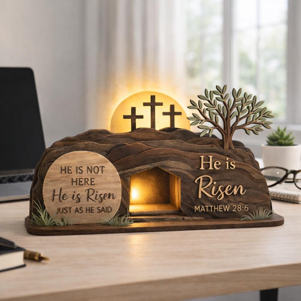 He is Risen Easte Wooden Block, Christian Resurrection Table Sign, Religious Home Decor Gift, Empty Tomb Cross Wood Shelf