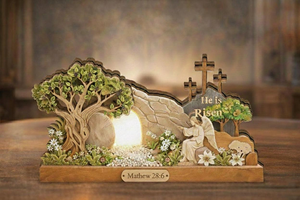 He is Risen Easter Wooden Block Sign, 2D Flat Empty Tomb Scene, Resurrection Christian Decor, Pastor Appreciation Church Gift