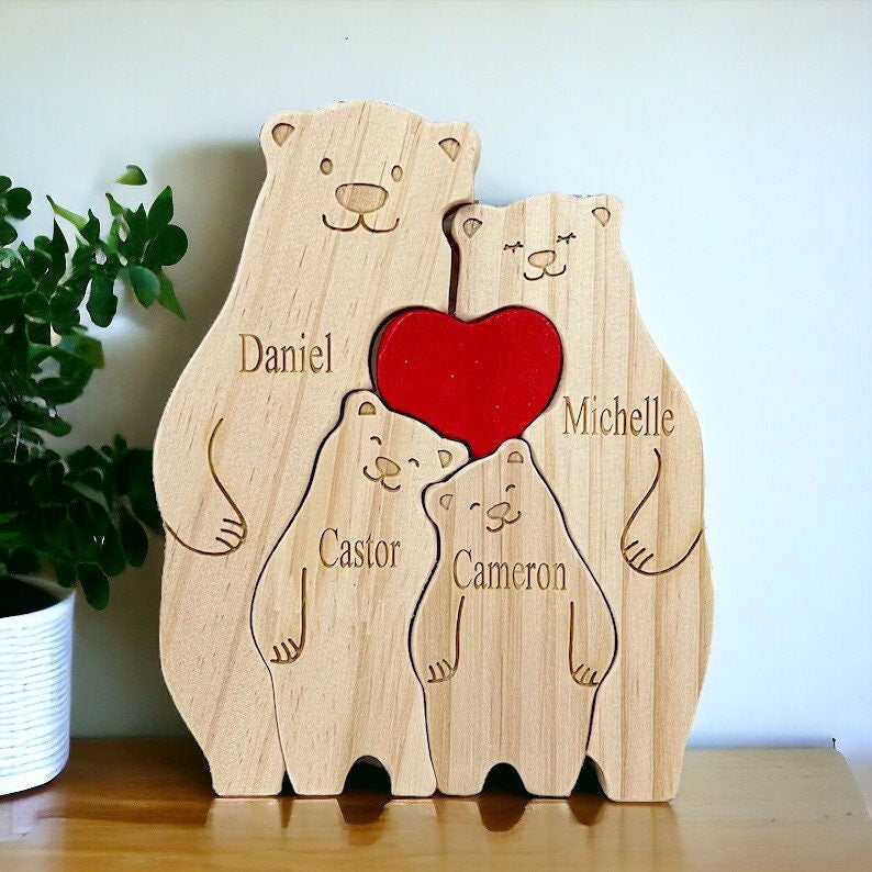 Personalised Wooden Bear Family Puzzle _ Custom Engraved Figurines _ Woodland Family Keepsake Gift for Mum, Dad & Kids, Rustic Home Decor