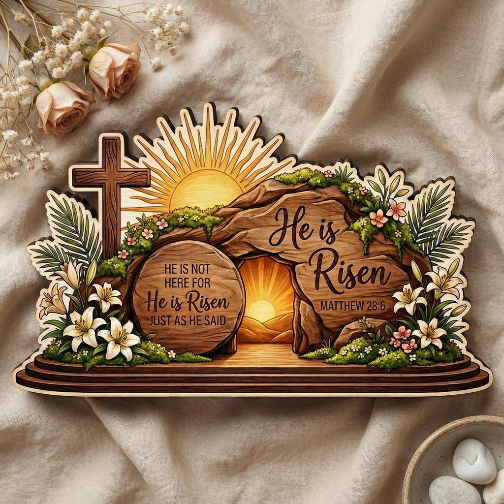 He is Risen Wooden Block Decor, Christian Easter Tabletop Sign, Resurrection Scene Wood Art, Faith Home Decor Gift, Gift for Believers