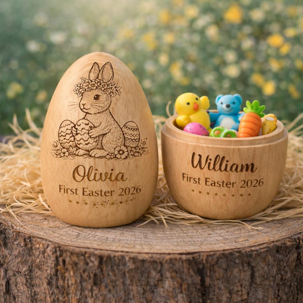 Personalized Wooden Easter Egg_ Engraved Hollow Egg Decor 2026 Custom Name Gift