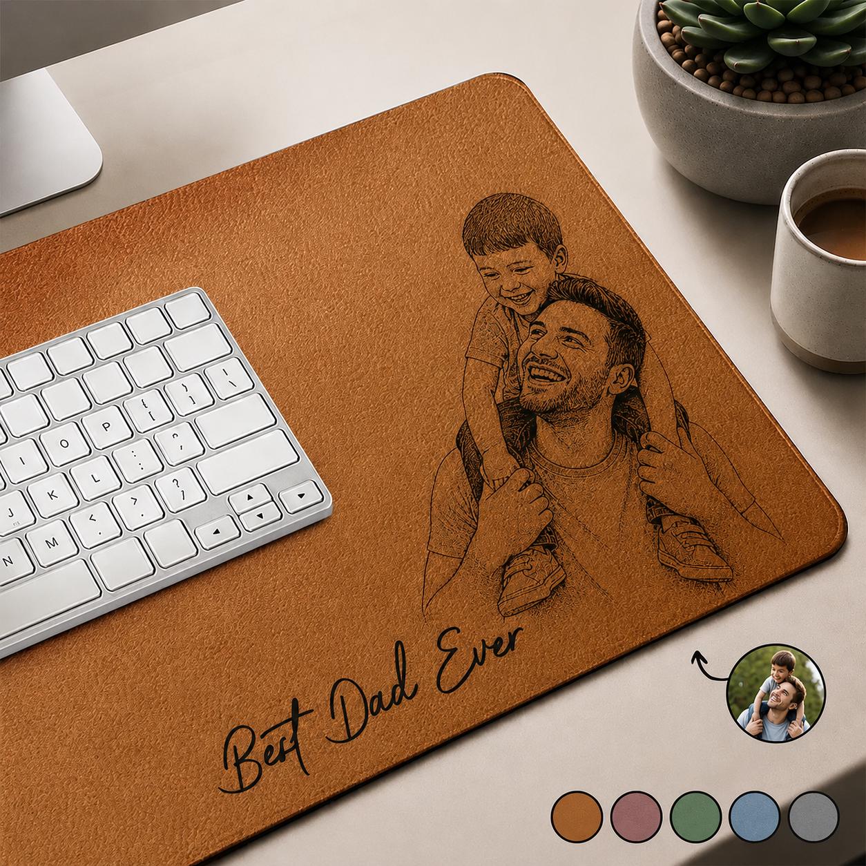 Custom Photo Sketch Line Art Leather Desk Mat, Fathers Day 2026 Gift for Husband, Personalized Daddy Kid Picture Mouse Pad Office Decor