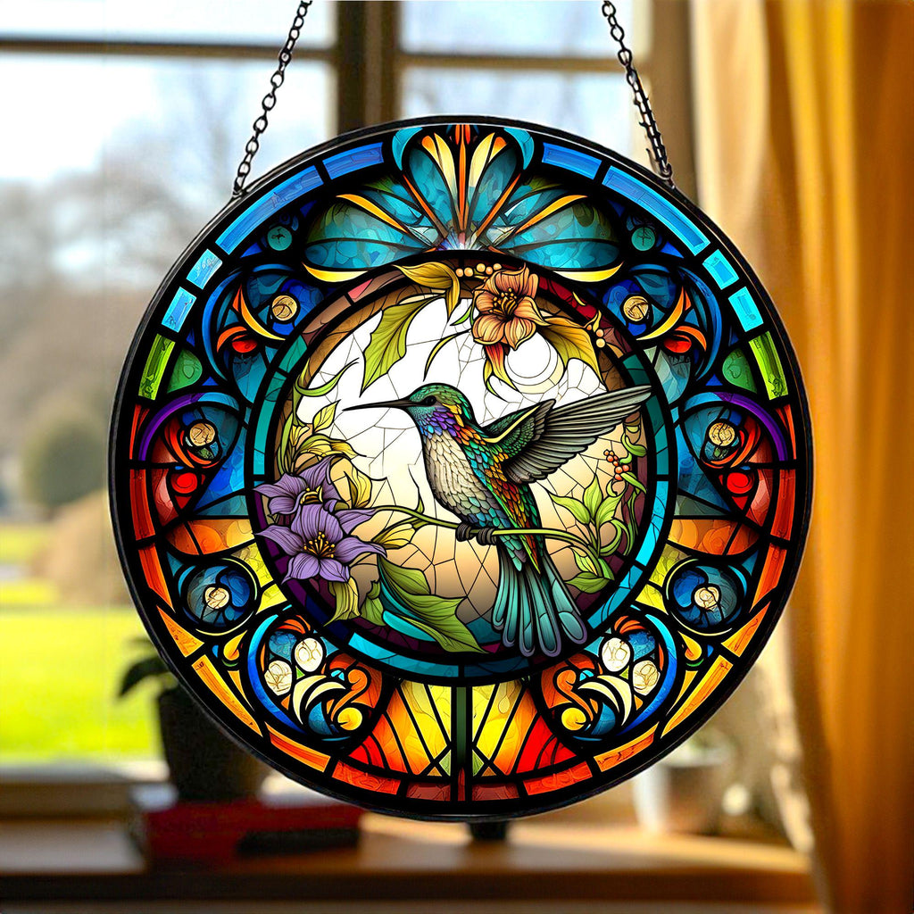 Bird Suncatcher, Stained Glass Style Window Hanging, Colorful Hummingbird Sun Catcher, Floral Nature Inspired Glass Art, Unique Gift Decor