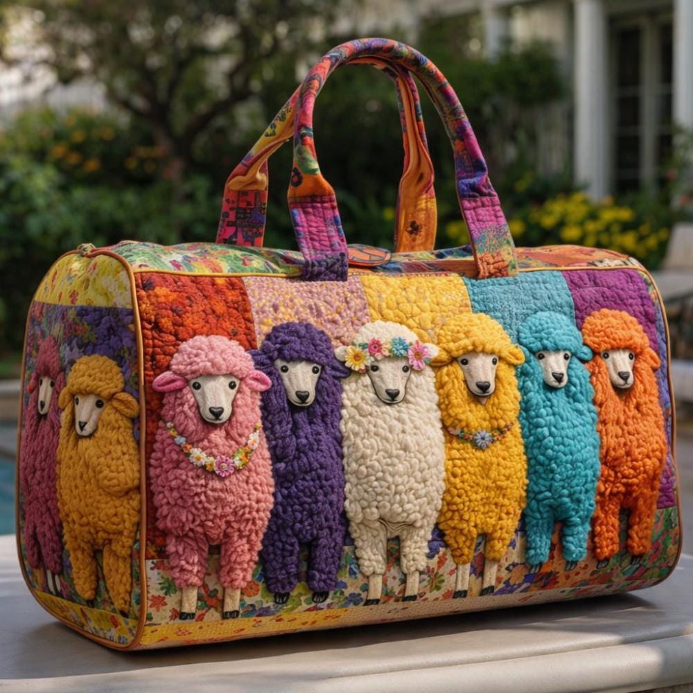 Colorful Sheep Quilted Duffle Bag, Lamb Art Weekender Travel Bag, Whimsical Farm Animal Duffel, Cute Cottagecore Carry On Tote