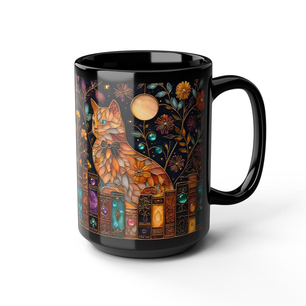 Vintage Faux Stained Glass Cat Mug, Book Lover Gift Reading Coffee Cup, Premium Ceramic Mug, Everyday Use & Gift Idea