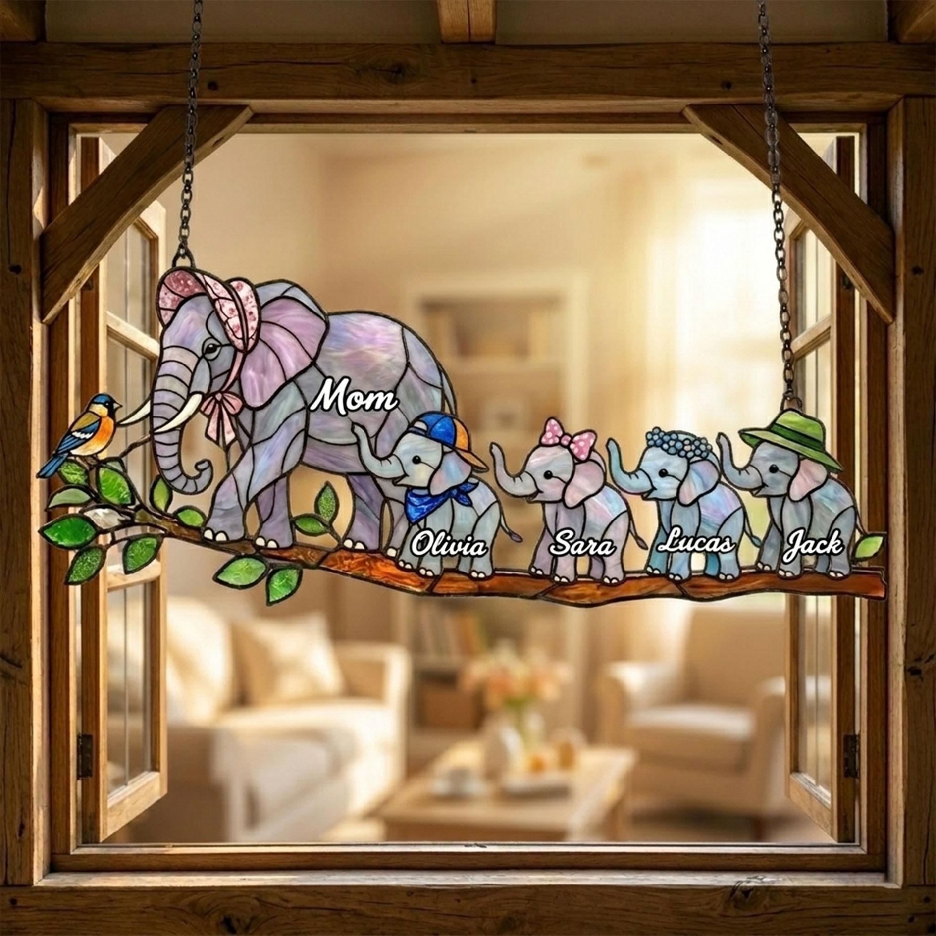 Personalized Elephant Glass Suncatcher, Custom Mama Elephant Window Hanging, Kids Names Glass Ornament, Mother’s Day Gift for Mom