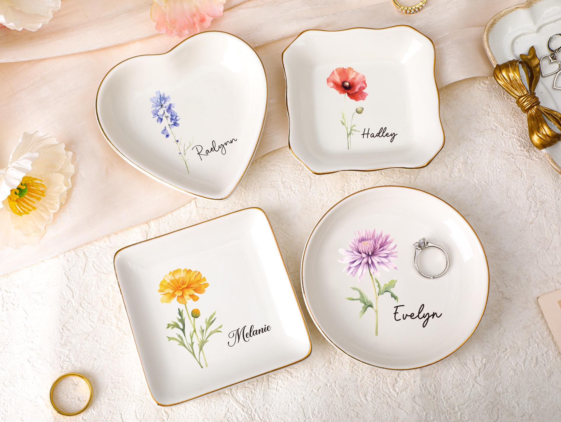 Personalized Birth Flower Jewelry Dish, Watercolor Flower Trinket Dish, Custom Ring Trinket Dish, Bridesmaid Gift, Birthday Gift for Her