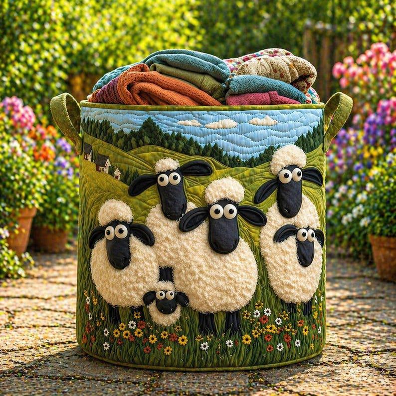 Cute Sheep Quilted Laundry Basket, Sheep Laundry Room Decor, Soft Fabric Hamper, Colorful Sheep Storage Bin, Gift for Mom, Gift for Her