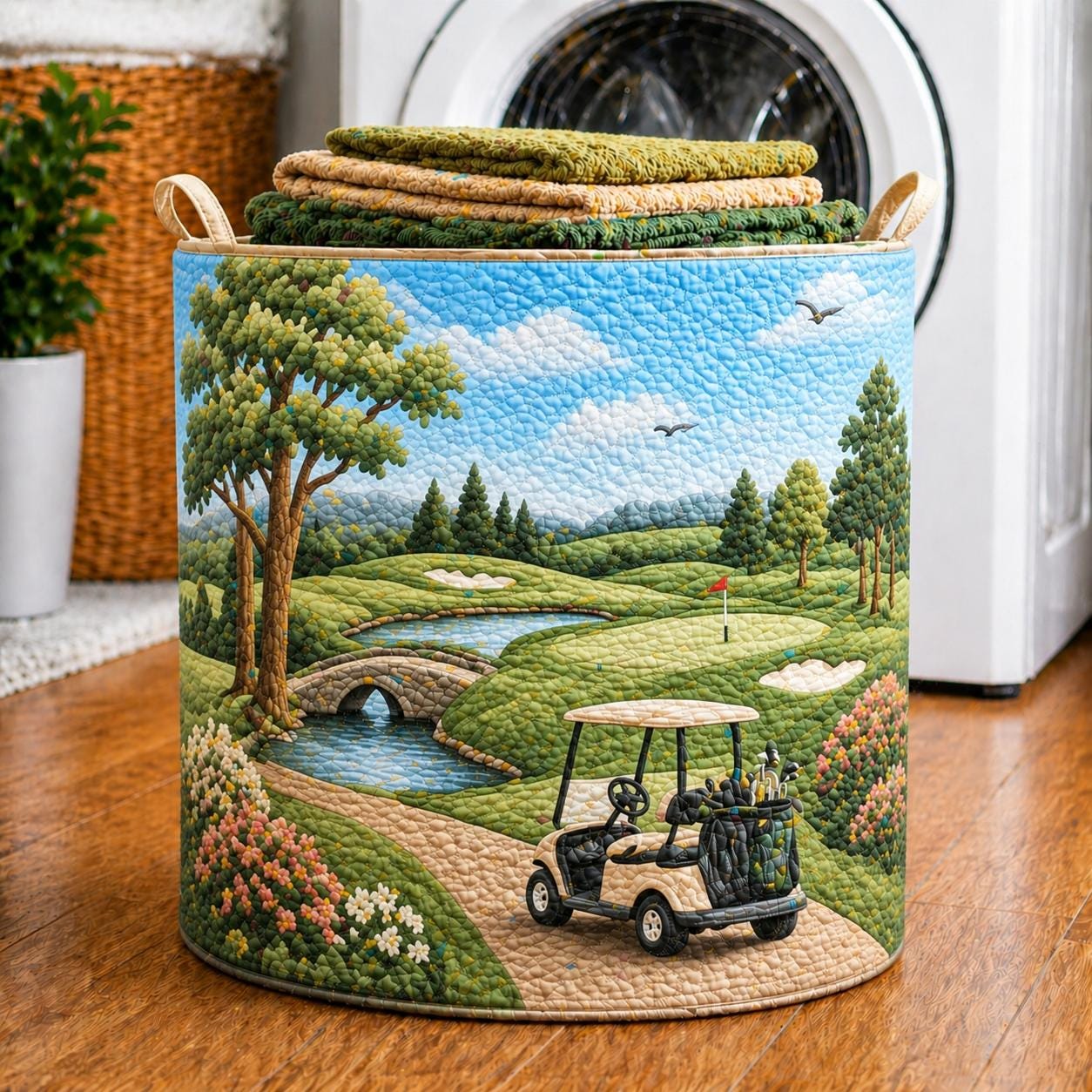 Golf Course Quilted Laundry Basket – Golf Cart Laundry Hamper for Golf Enthusiasts, Golf Lover Gift, Gift for Dad
