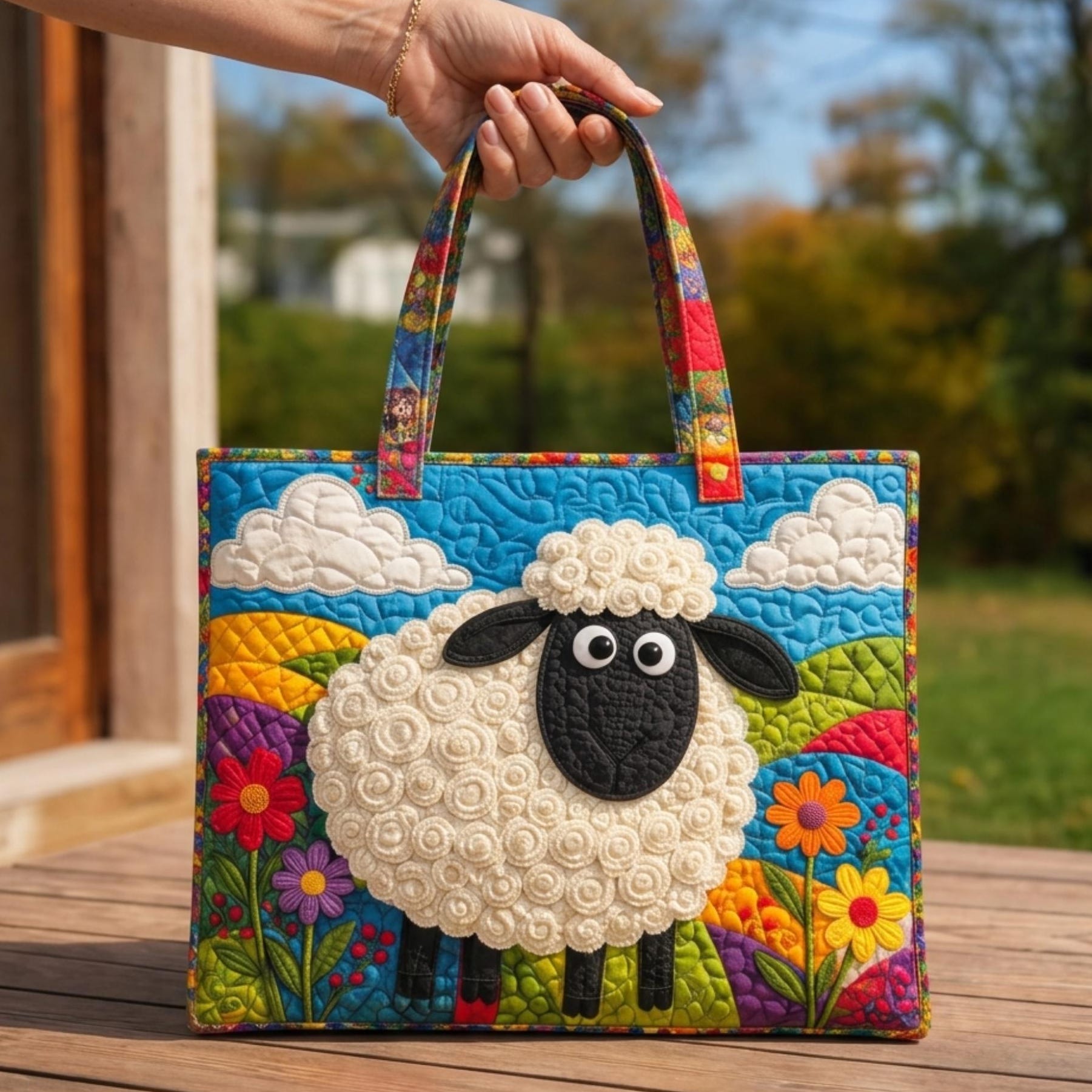 Quilted Sheep Tote Bag, Farm Animal Patchwork Cottagecore Shoulder Bag. TBPETAL34