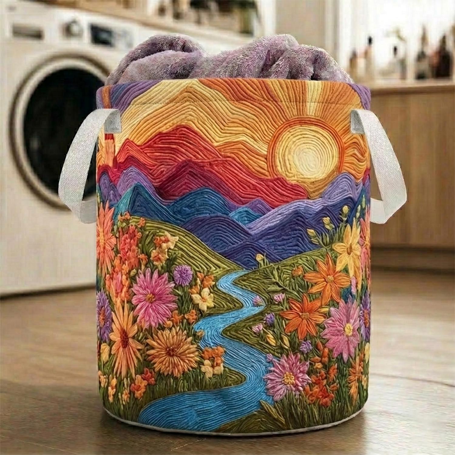 Boho Floral Laundry Basket With Mountain Sunset Design, Large Clothes Hamper, Colorful Home Storage Basket Decor, Floral Mountain Hamper