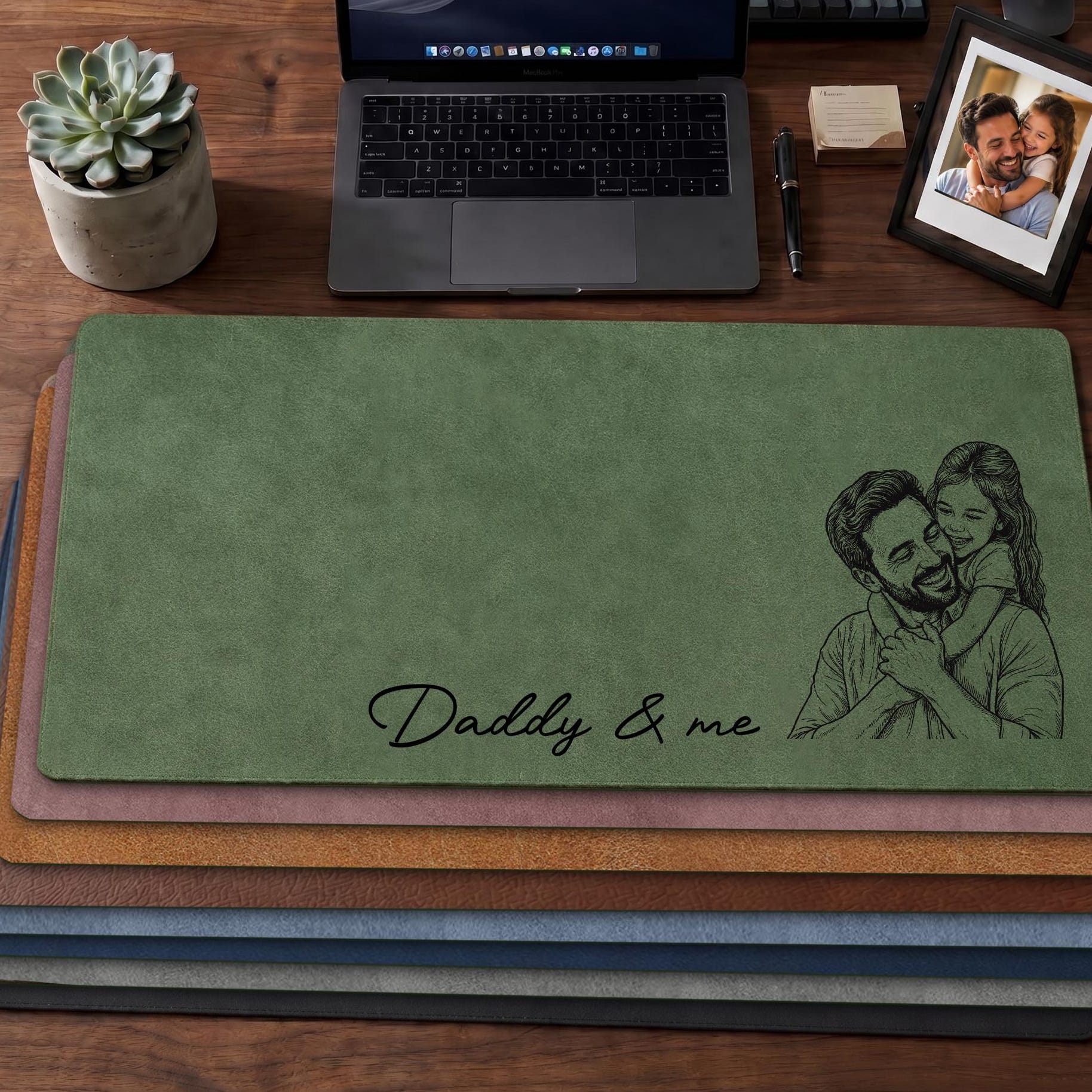 Personalized Dad We Love You Custom Photo Sketch Line Art Desk Mat, Father's Day Gift for Husband, Daddy & Kid Picture Desk Pad Mouse Mat