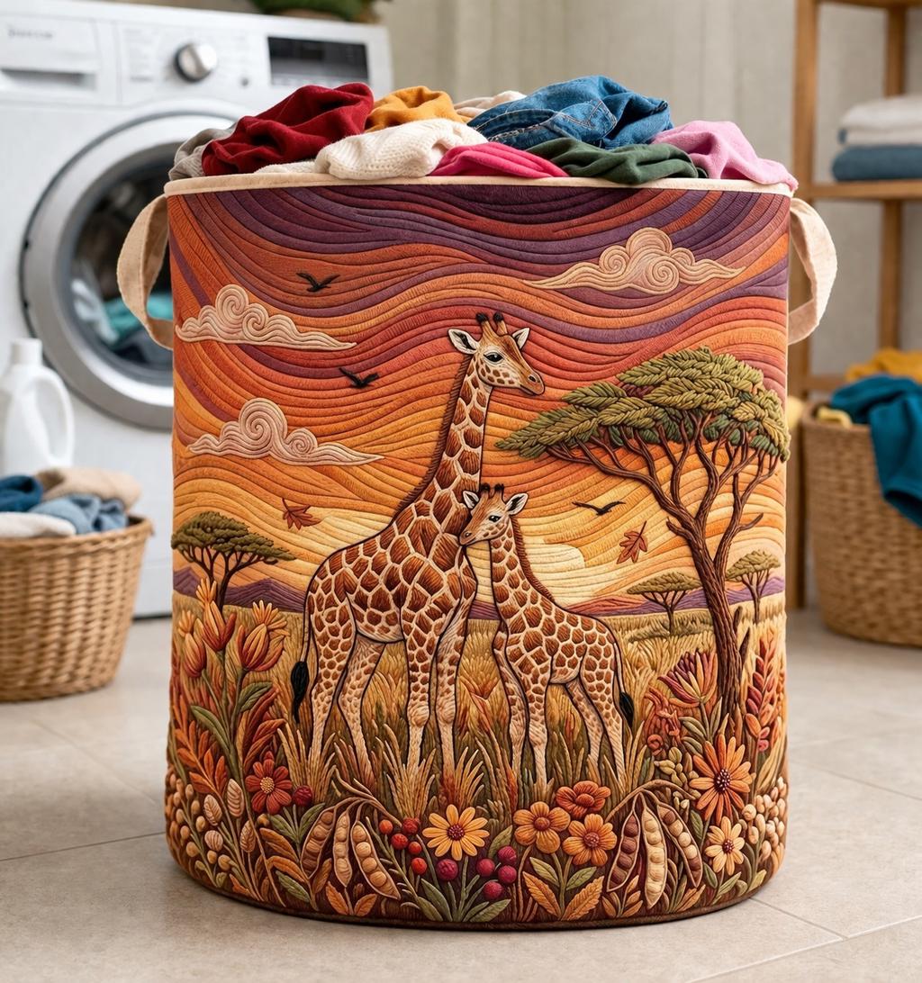 Quilted Laundry Basket with Giraffe Sunset Design, Fabric Storage Bin for Clothes, Safari Nursery Hamper, Friendly Home Organizer