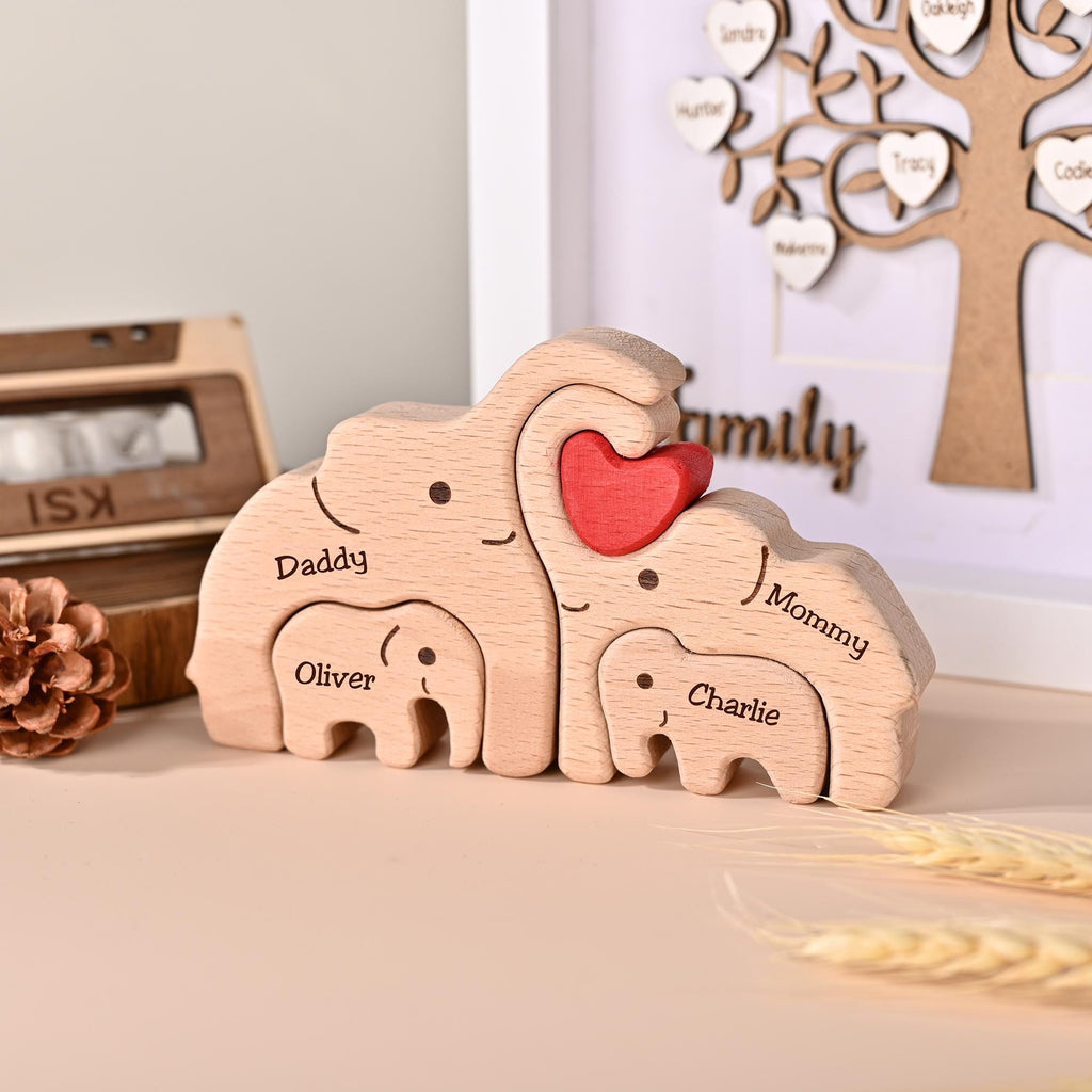 Personalized Elephant Family Puzzle, Mom Dad Baby Keepsake, Custom Family Name Engraved Decor, New Parent Gift, Anniversary Gift