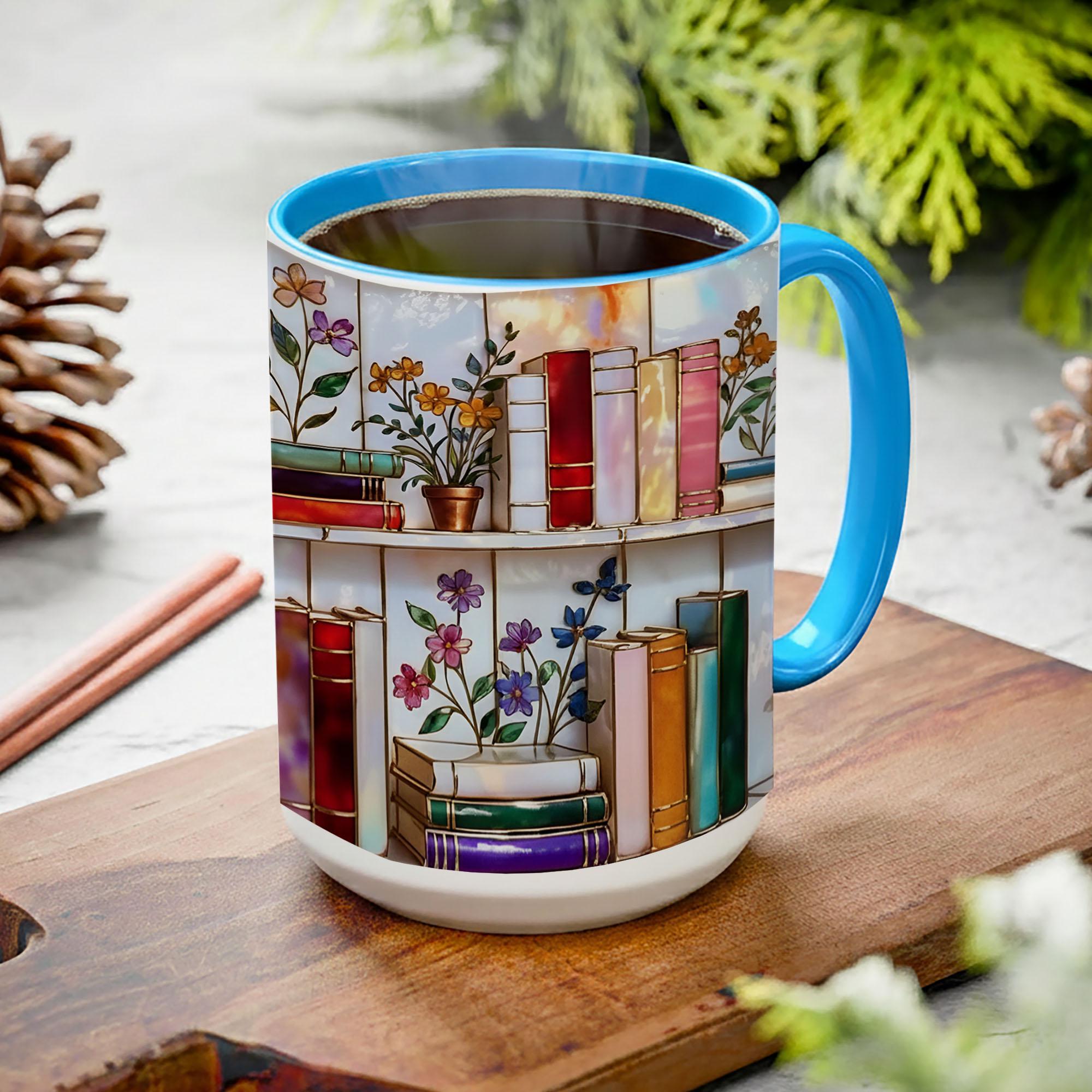 Stained Glass Book Lover Mug Floral Cottagecore Bookshelf Design Colorful Reading Bookish Cup 15oz Ceramic, Handle Color Mug