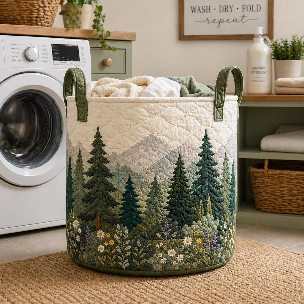 Quilted Fabric Basket Forest Landscape – Laundry Storage Bin, Nature Mountain Design, Large Fabric Organizer