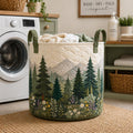 Quilted Fabric Basket Forest Landscape – Laundry Storage Bin, Nature Mountain Design, Large Fabric Organizer. LBPETAL74