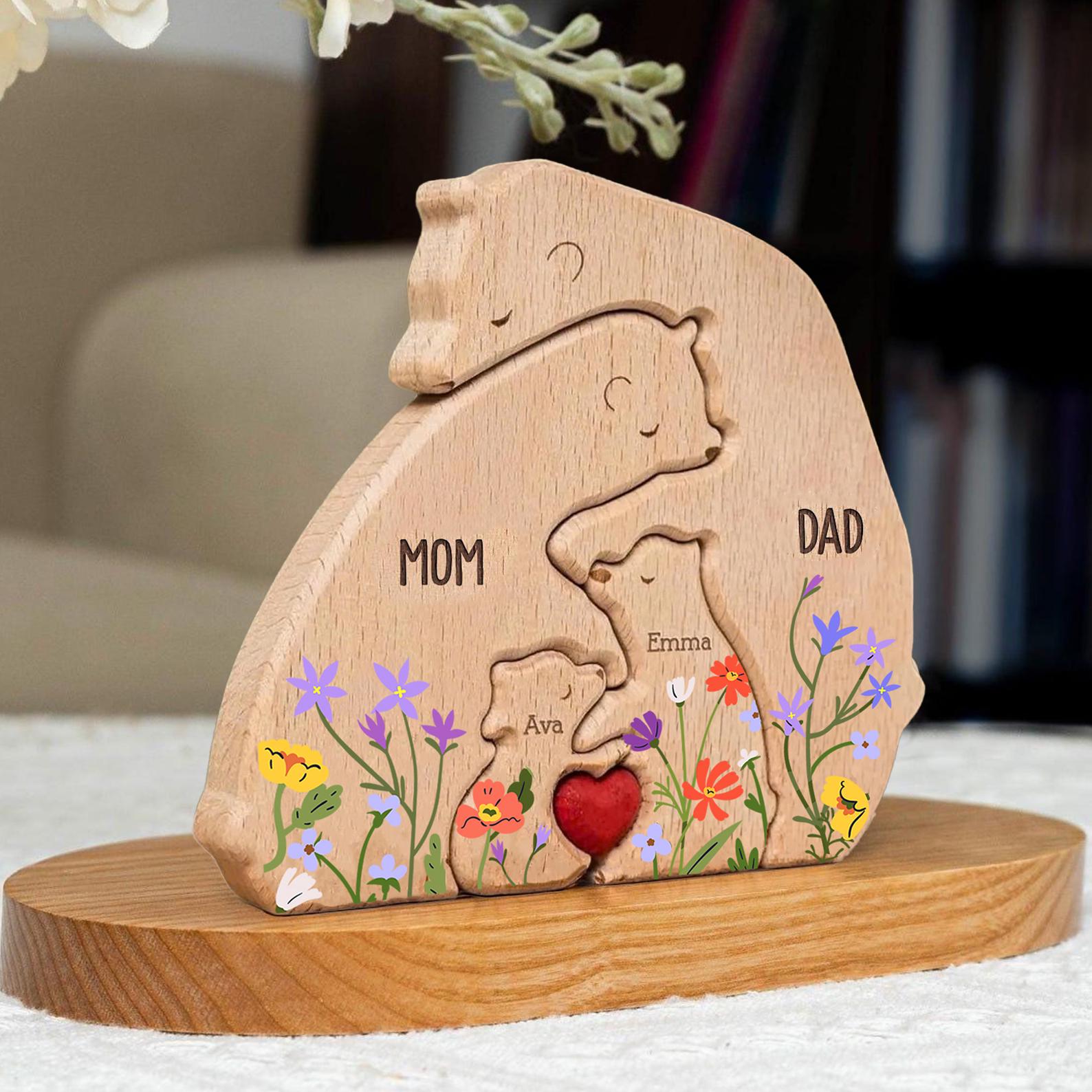 Hugging Bear Family Floral Version, Personalized Wooden Bear Family Puzzle, Father's Day Gift, Animal Family Puzzle Decor, Custom Dad Gift