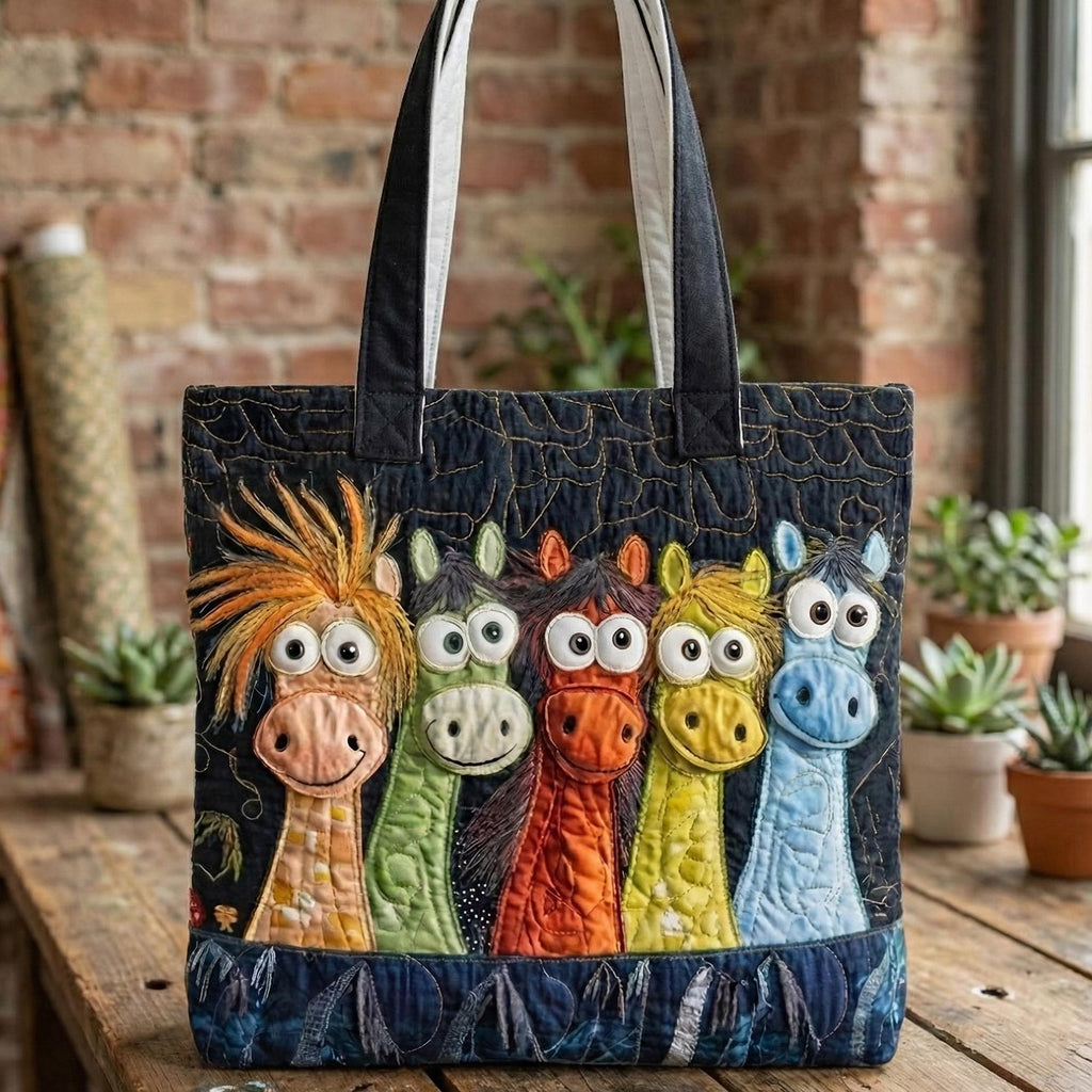 Colorful Horse Quilted Tote Bag – Artistic Horse Fabric Tote, Handmade Style Shoulder Bag