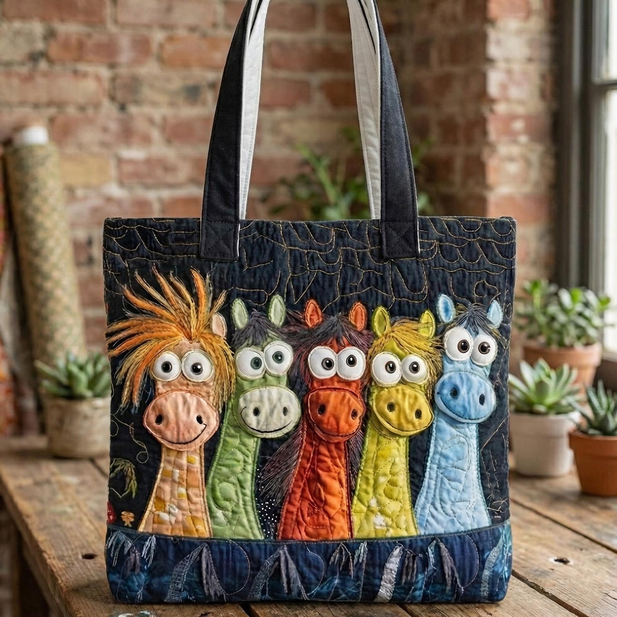 Colorful Horse Quilted Tote Bag – Artistic Horse Fabric Tote, Handmade Style Shoulder Bag