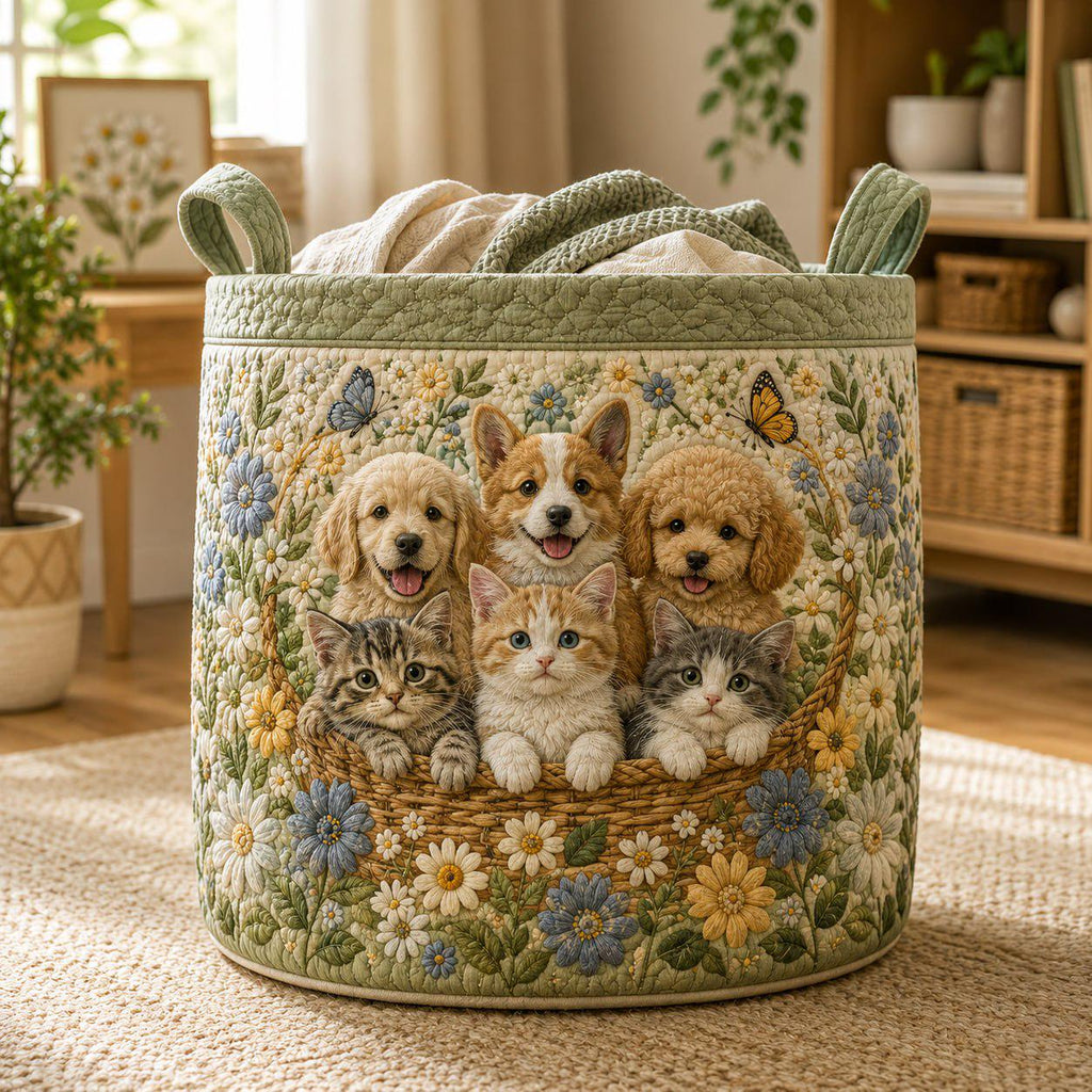 Quilted Pet Laundry Basket, Dog Cat Storage Bin, Cottagecore Floral Hamper, Cute Animal Blanket Organizer, Pet Room Decor
