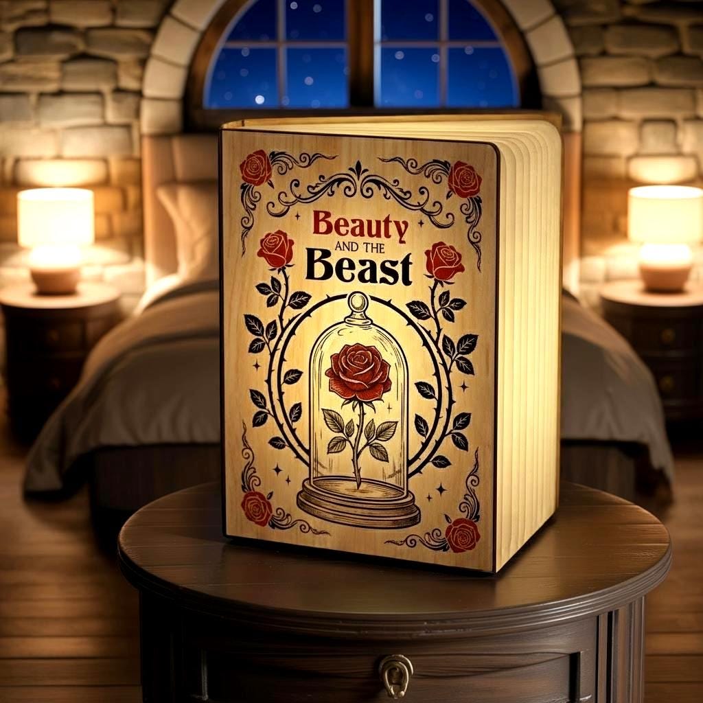 Beauty and the Beast Book Lamp, Disney Enchanted Rose Folding LED Light, Tale as Old as Time Reading Lamp, Disney Fairytale Night Light