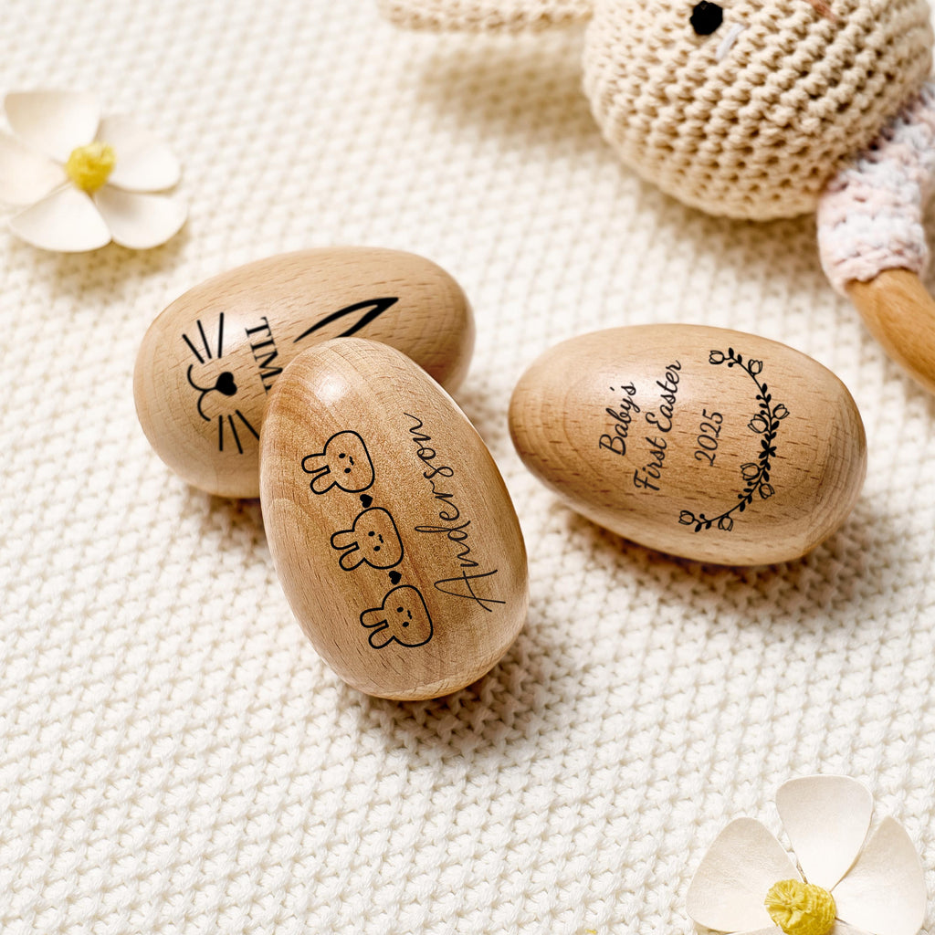Personalized Wooden Easter Egg Shakers, Baby First Easter, Kids Easter Egg Hunt Gifts, Engraved Name, Montessori Toddler Toy, Baby Rattle