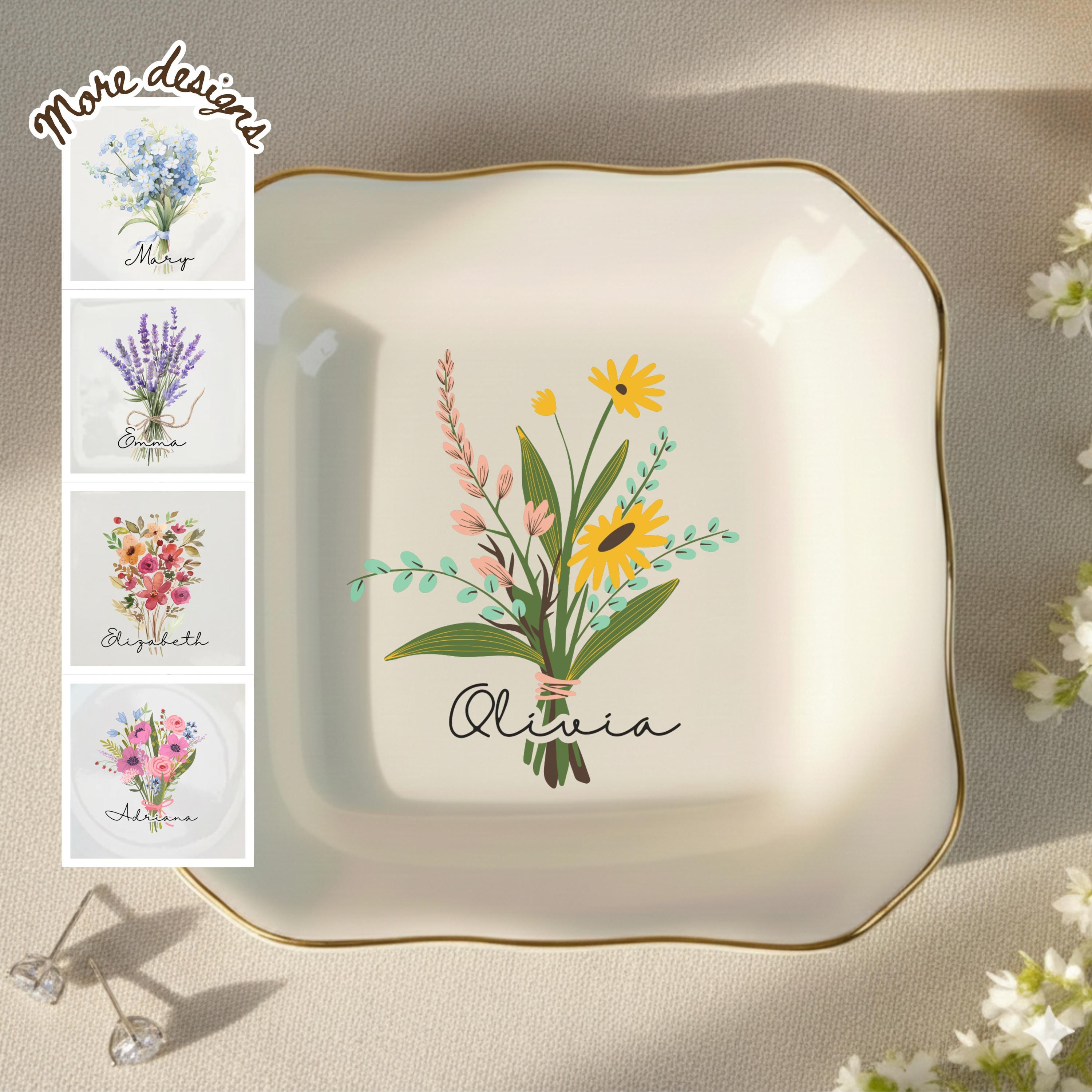 Personalized Boho Birth Flower Ring Trinket Dish _ Birth Month Flower Ring Dish _ Birthday Jewelry Dish _ Wedding Bridesmaid Gift _ Mom Gift