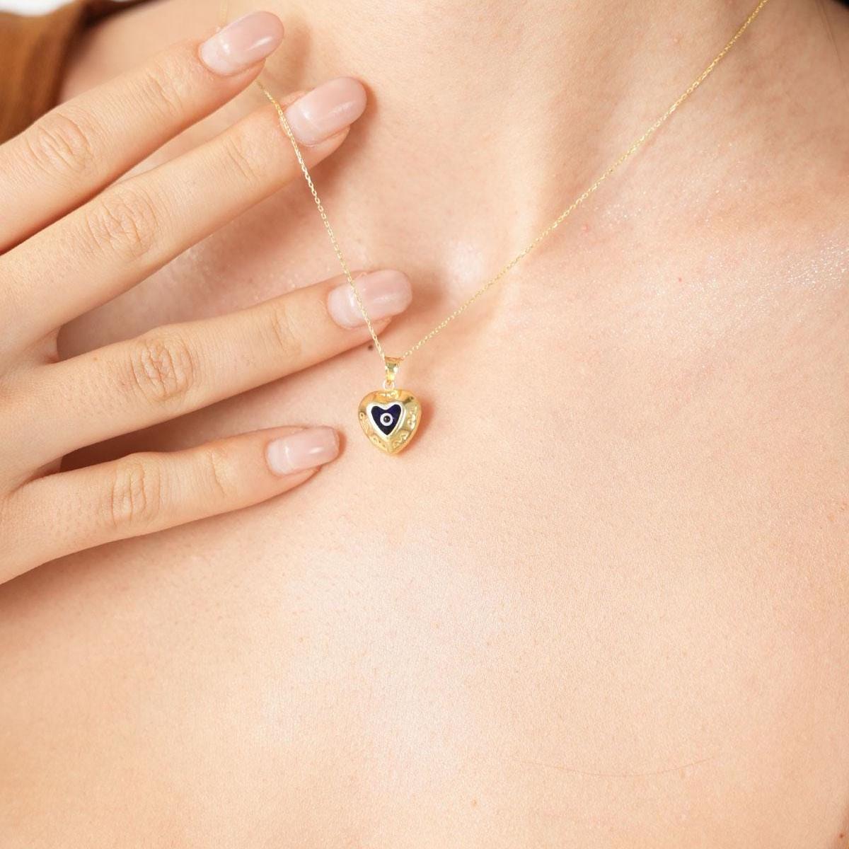 Gold-plated Sterling Silver Heart Evil Eye Necklace_ Turkish Nazar Jewelry, Handmade Necklace, Minimalist Jewelry, Elegant Everyday Necklace