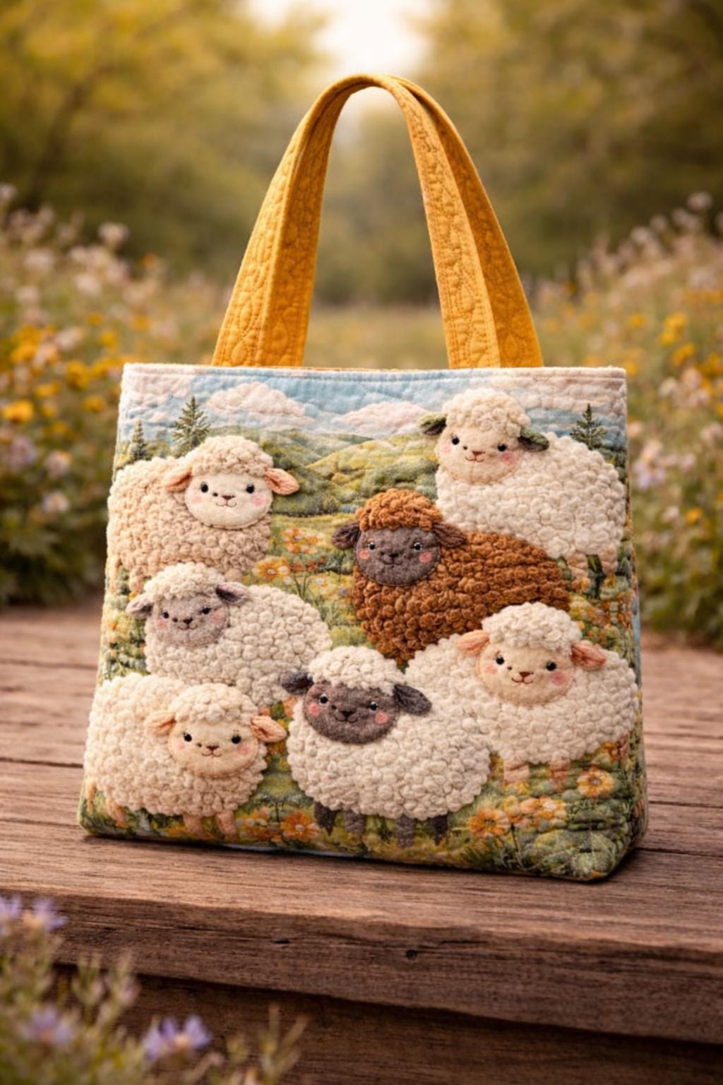 Sheep Family Quilted Tote Bag, Cute Farm Animal Patchwork Tote Bag, Cottagecore Floral Quilted Bag, Gift for Mom