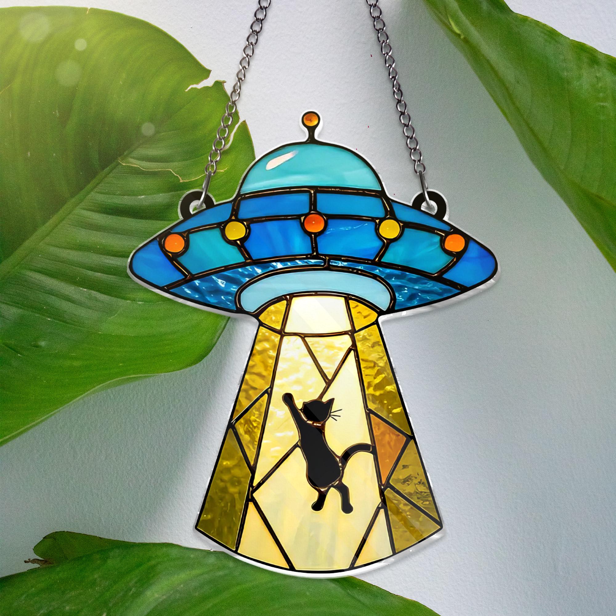 Cat Ufo Encounter ACRYLIC Window Hanging, Cat Inspire Art Custom Acrylic Cat Gifts Cat Memorial Gifts Cat Lovers NOT GLASS