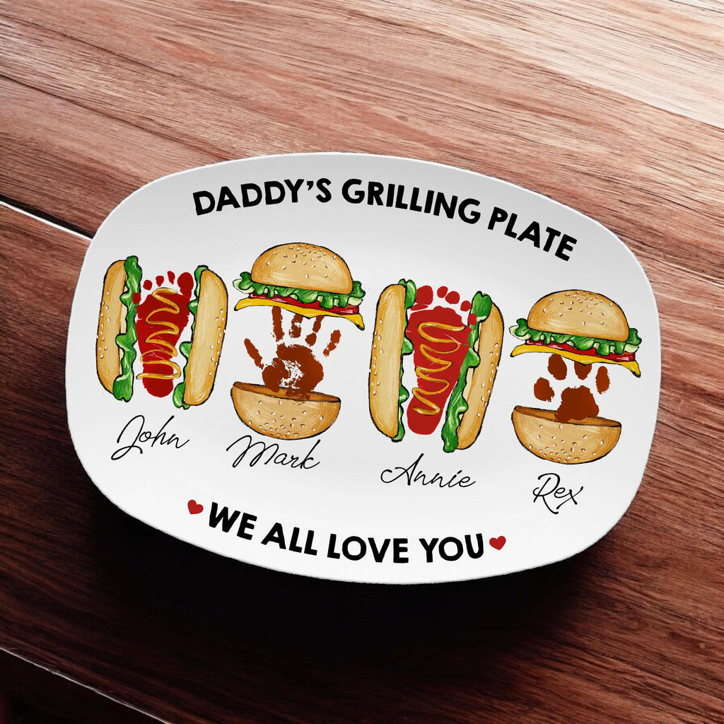 Personalized Daddy's Grilling Plate - Custom Burger Hot Dog Handprint Footprint Platter, Gift for Dad From Kids, BBQ Serving Tray