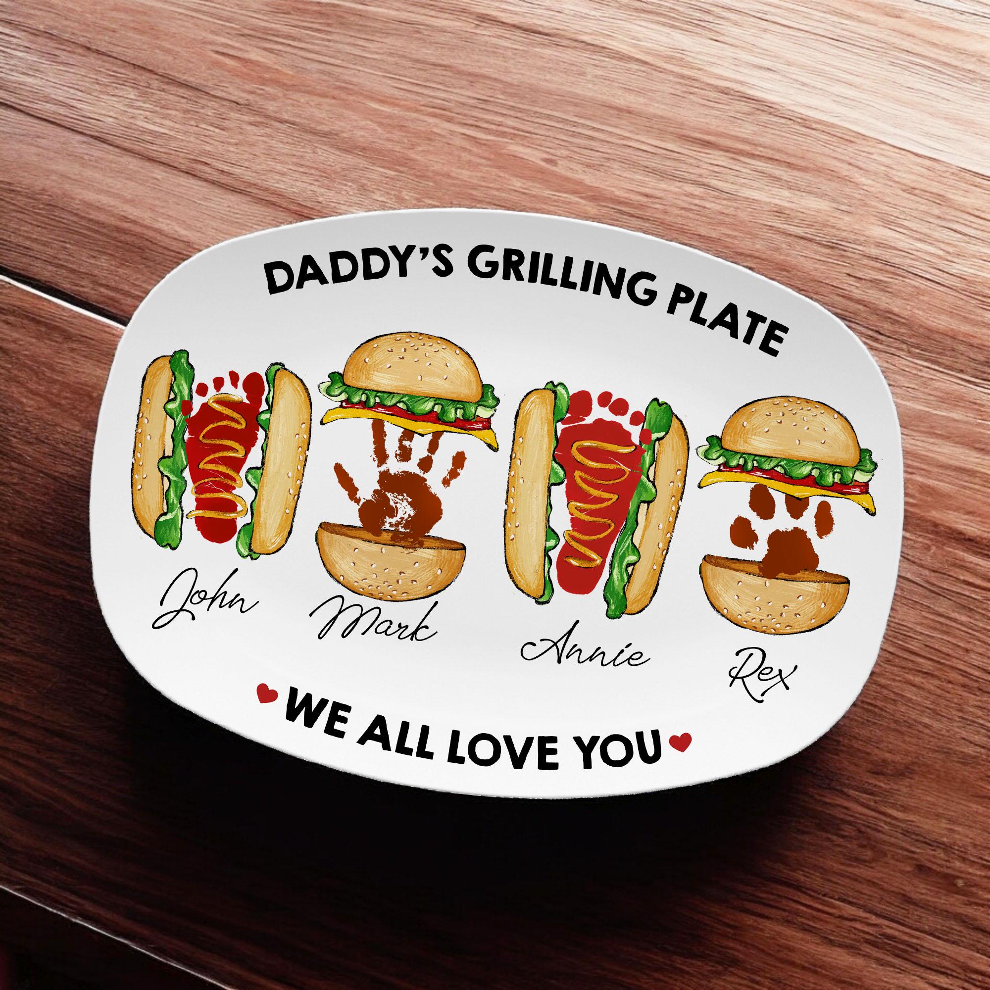 Personalized Daddy's Grilling Plate - Custom Burger Hot Dog Handprint Footprint Platter, Gift for Dad From Kids, BBQ Serving Tray