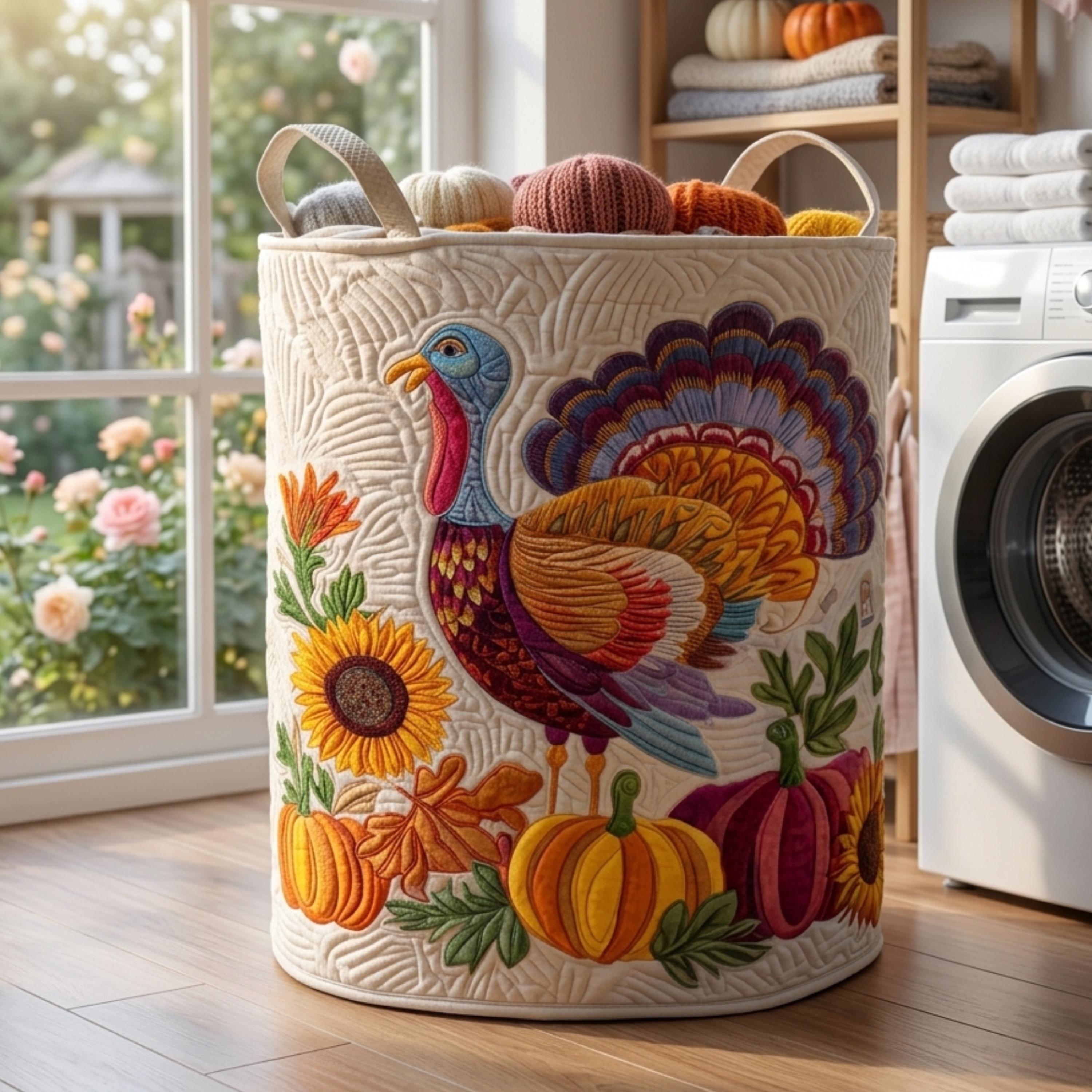 Turkey Trot Delight Laundry Basket for Mom, Fall Canvas Hamper, Housewarming Gift Ideas, Mother's Day Gift, Thanksgiving Gift, Family Gift