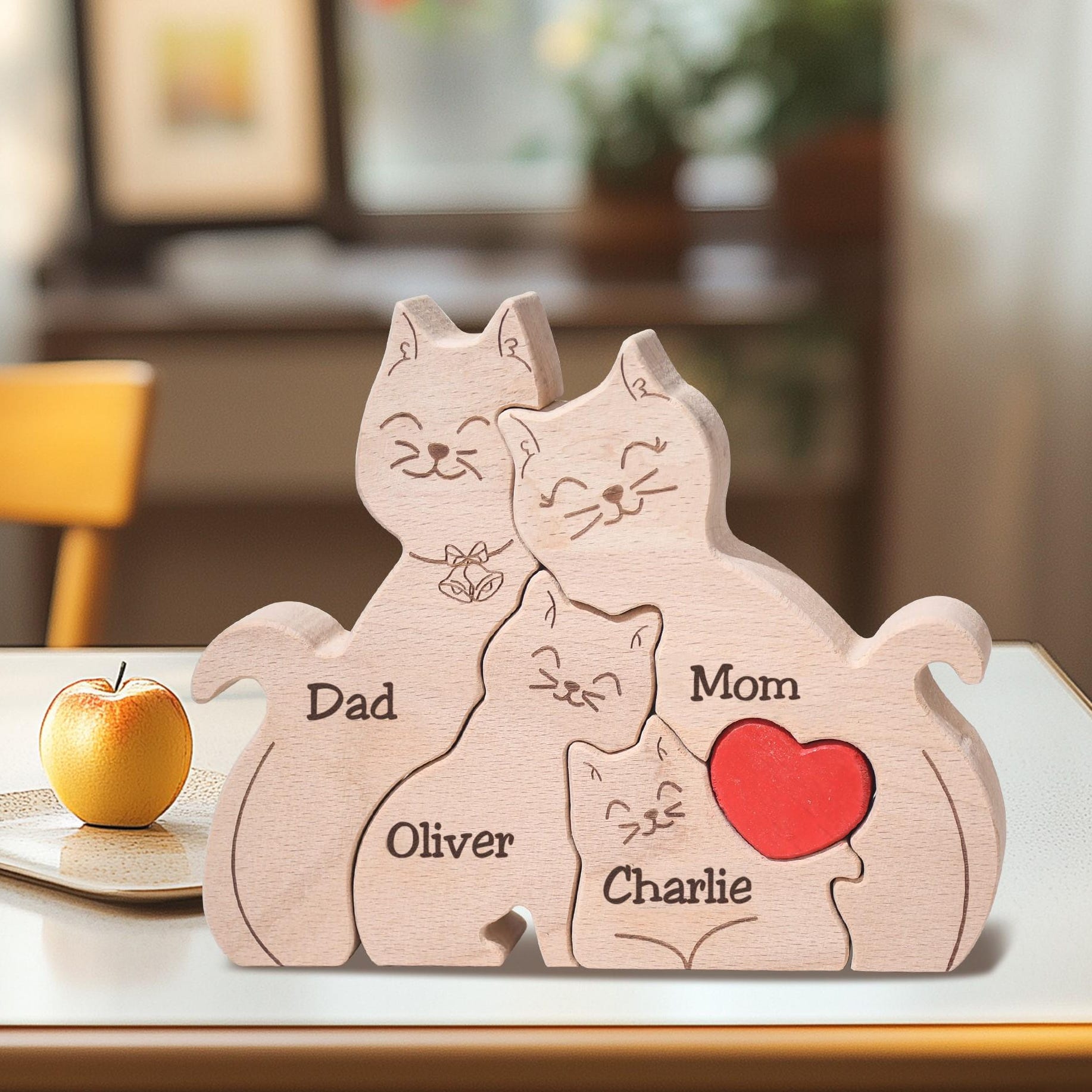 Personalized Wooden Cat Family Puzzle, Family of 4 Home Decor, Engraved Family Name Keepsake, Anniversary Gift for Her, Christmas Gifts