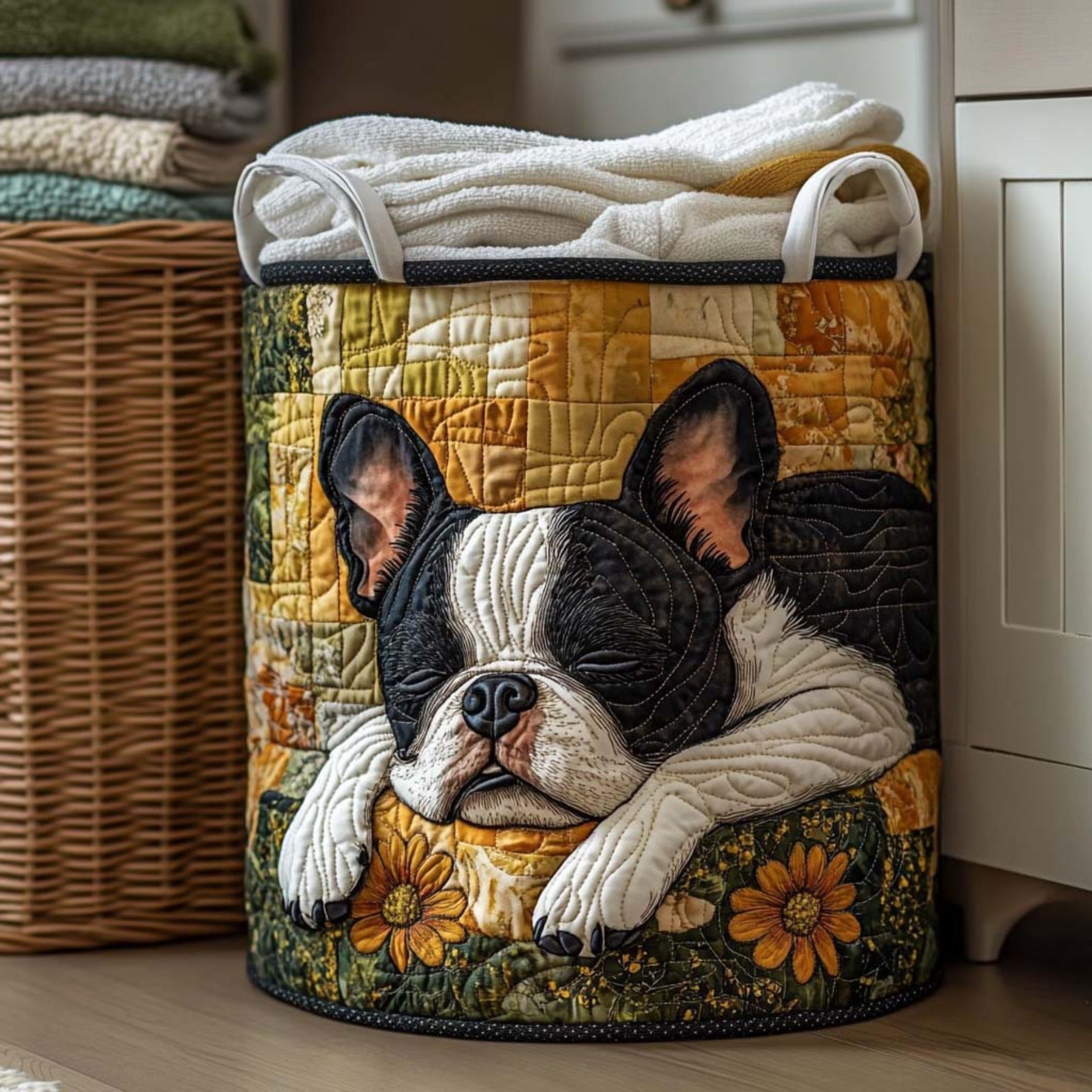 Modern Bohemian Quilted Storage Basket, Oval Fabric Hamper with Sturdy Handles, Clothes & Blanket Organizer for Bedroom Decor