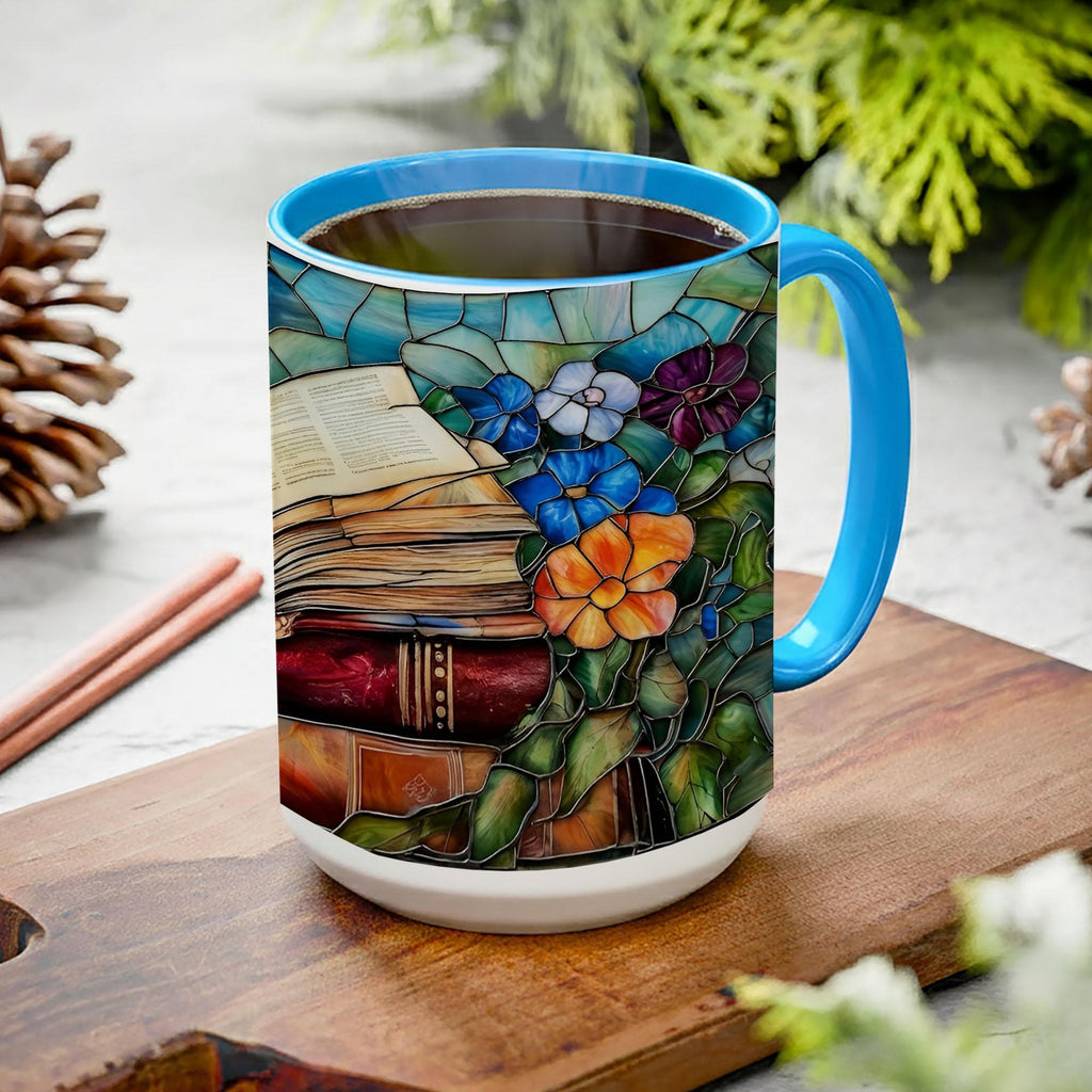 Stained Glass Book Lover Mug Floral Cottagecore Bookshelf Design Colorful Reading Bookish Cup 15oz Ceramic, Handle Color Mug