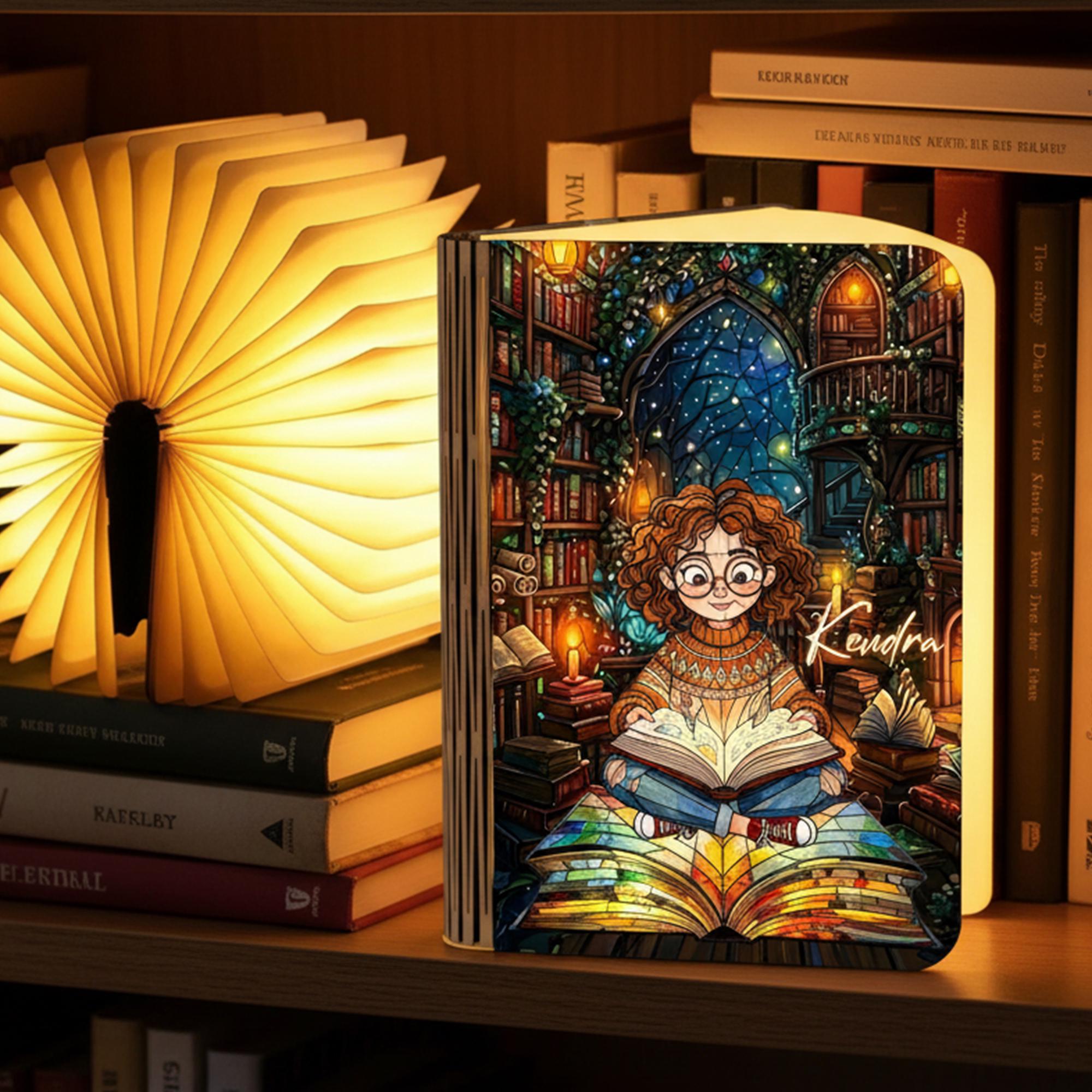 Custom Name Stained Glass Portrait Table Light Folding Magnetic Lamp, Personalized Book Lamp Reading Book Lover, Bookworm Gift, Bedroom Gift