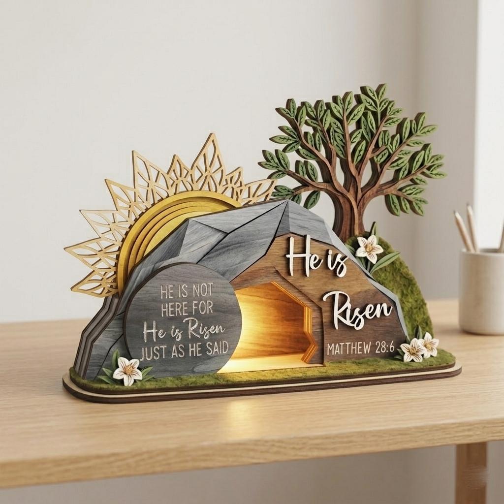 He is Risen Easte Wooden Block, Christian Resurrection Table Sign, Religious Home Decor Gift, Empty Tomb Cross Wood Shelf, Religious Home Decor Gift