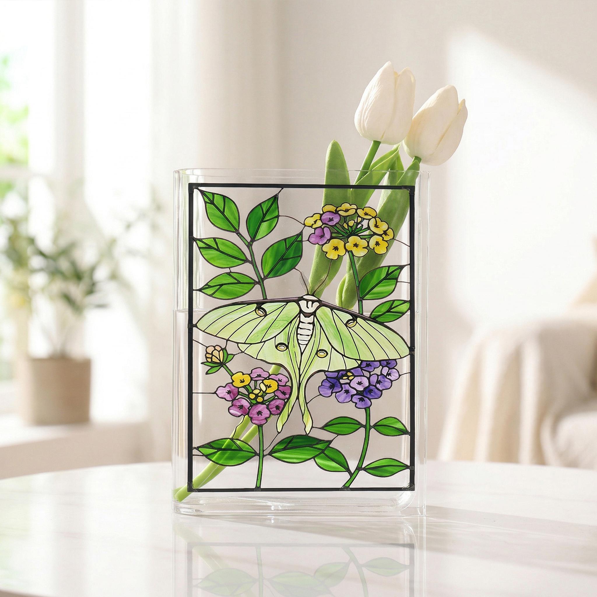 Stained Glass Style Acrylic Book Vase, Luna Moth Bookish Vase, Botanical Book Shaped Vase, Aesthetic Decor, Custom Gift for Book Lovers
