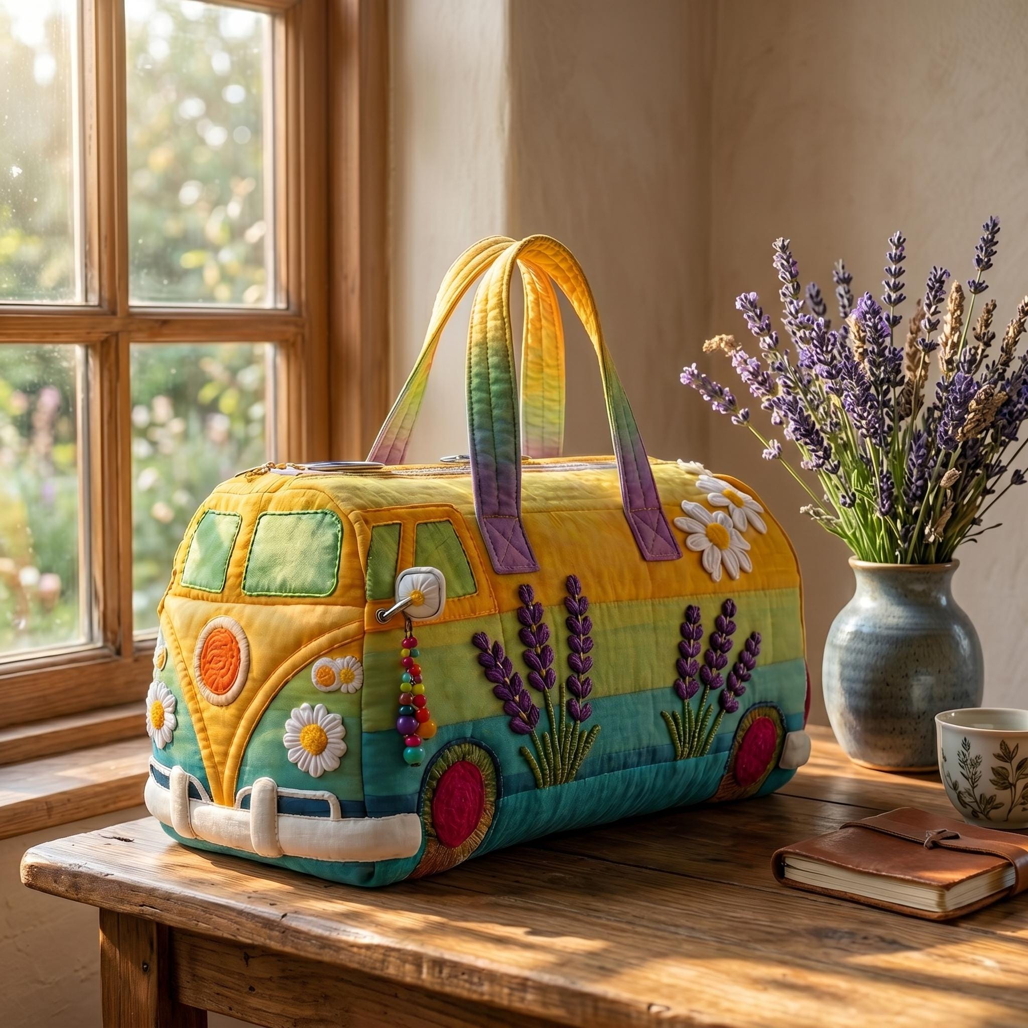 Quilted Rainbow Camping Van Duffle Bag, Lavender Daisy Weekender Tote, Boho Travel Bag, Cottagecore Overnight Bag Gift