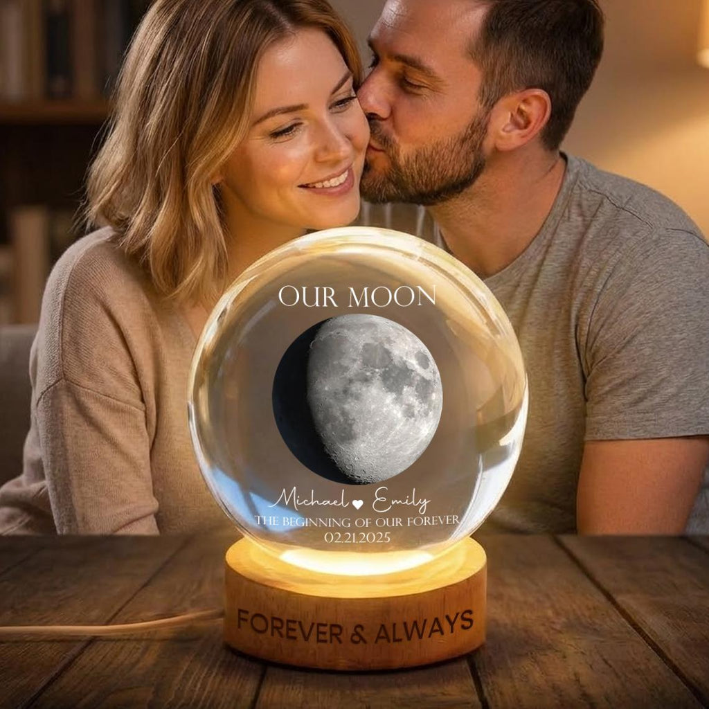 Personalized Moon Phase Anniversary Crystal Ball Lamp_ Engraved Wood Base Custom Keepsake